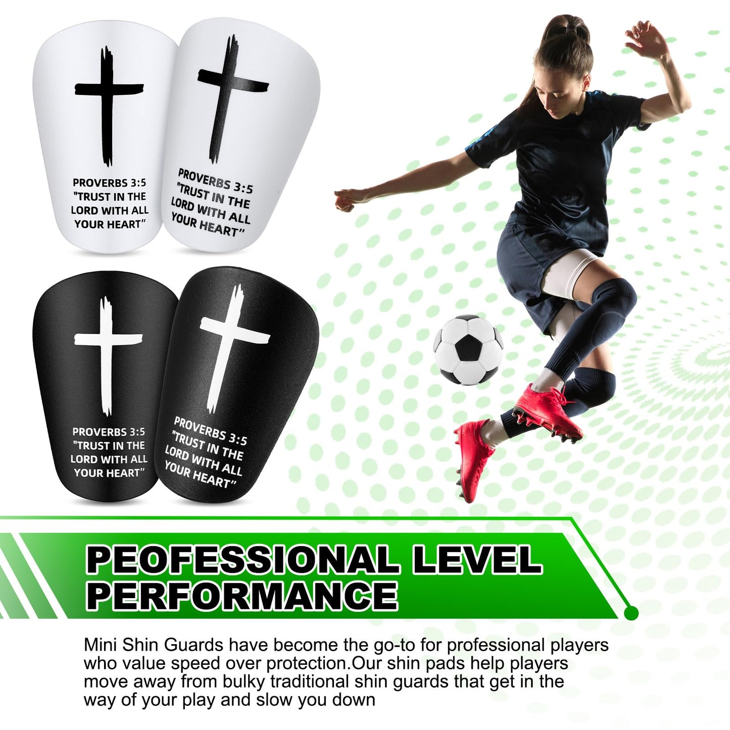 PullCrease 2 Pairs Mini Soccer Shin Guards Christian Faith Cross Small Shin Guards with Bible Verse Religious Soccer Football Pads for Kids Adult(Black, White,3.15 x 1.97 Inches,Proverbs 3:5)