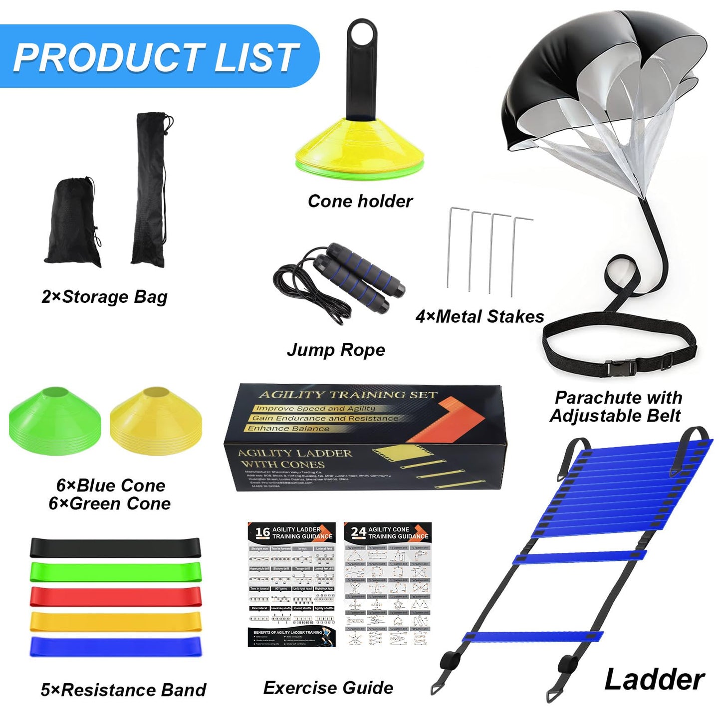 grestar Speed Agility Training Equipment Set, Blue Agility Ladder 20ft, 12 Football Cones, Resistance Running Parachute, Jump Rope, 5 Resistance Bands, Football Soccer Fitness Drills for Kids Adults