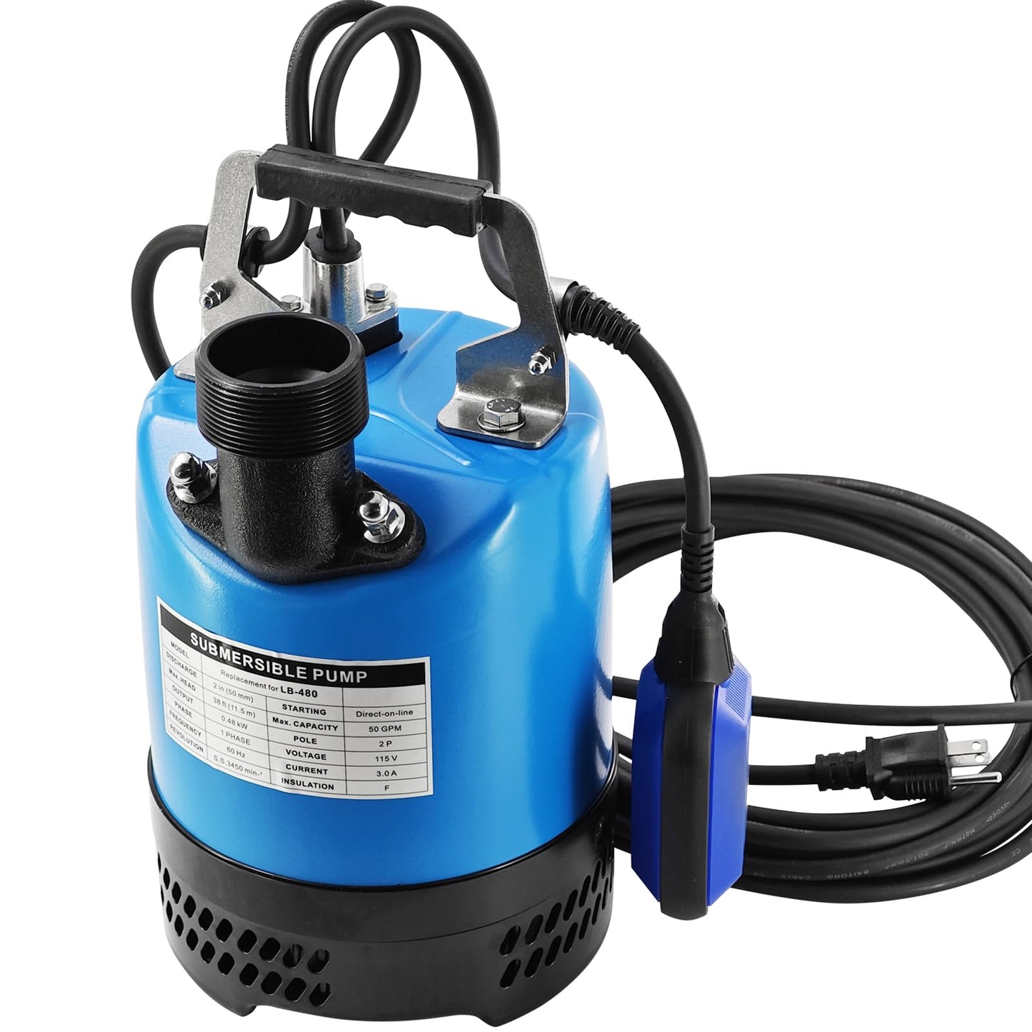 LB-480 2/3 HP 115 V Auto Float Switch Submersible Dewatering Pump Replacement for LB-480-62 LB480 2'' Straight Male NPT Submersible Drainage Utility Pump Single Phase 50 GPM / 3000 GPH