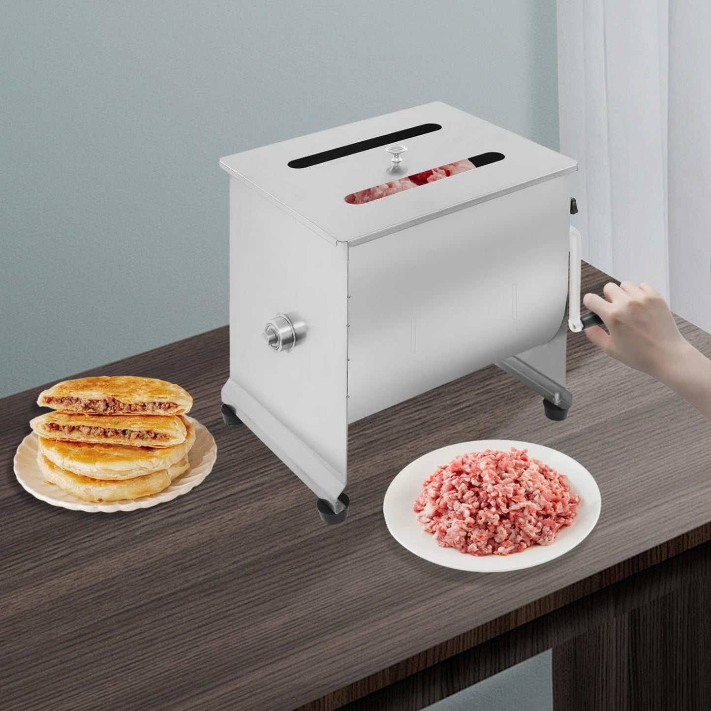 44 lbs Manual Meat Mixer, Stainless Steel Commercial Sausage Mixer Machine with Cover and Easy-Turn Crank for Home Kitchen, Restaurants Effortless Meat Mixing, Silver