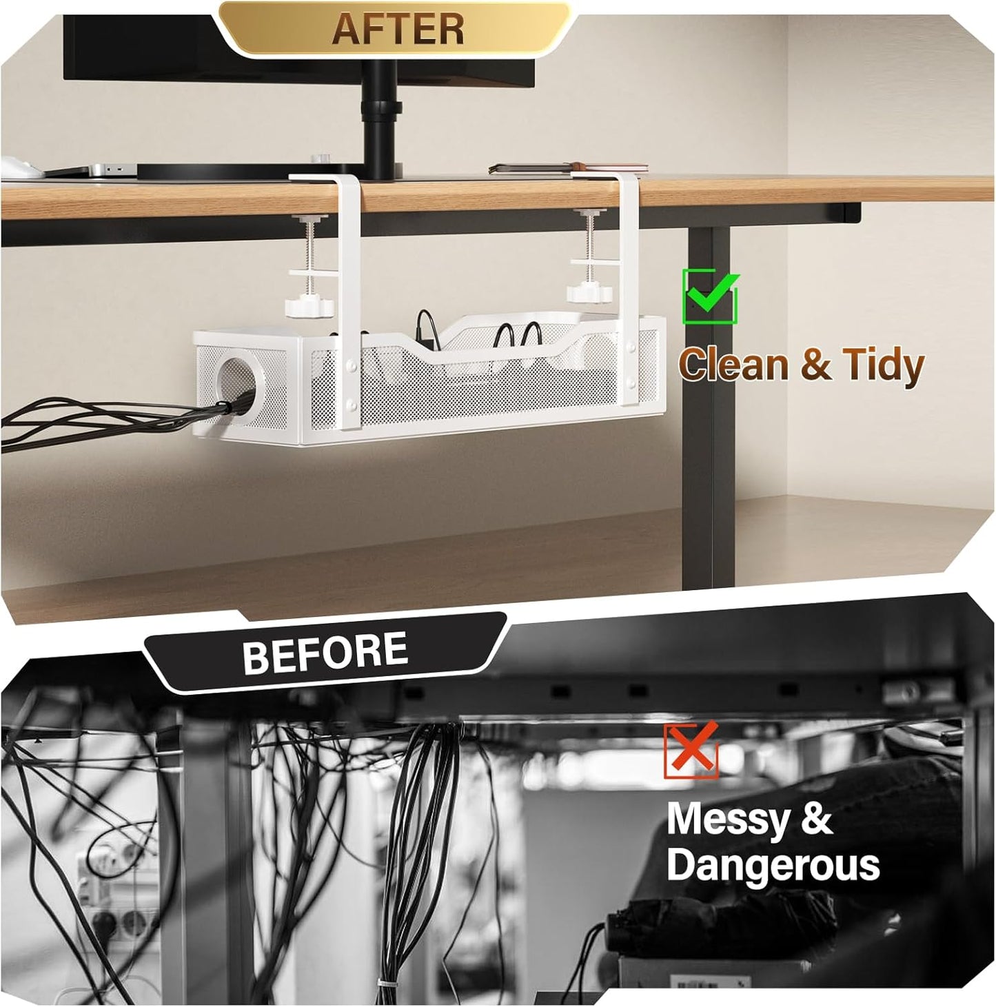 Cinati 16" 3", Under Desk Cable Management Large, Cable Management Box for Table Thickness up to Wire Cord Organizer