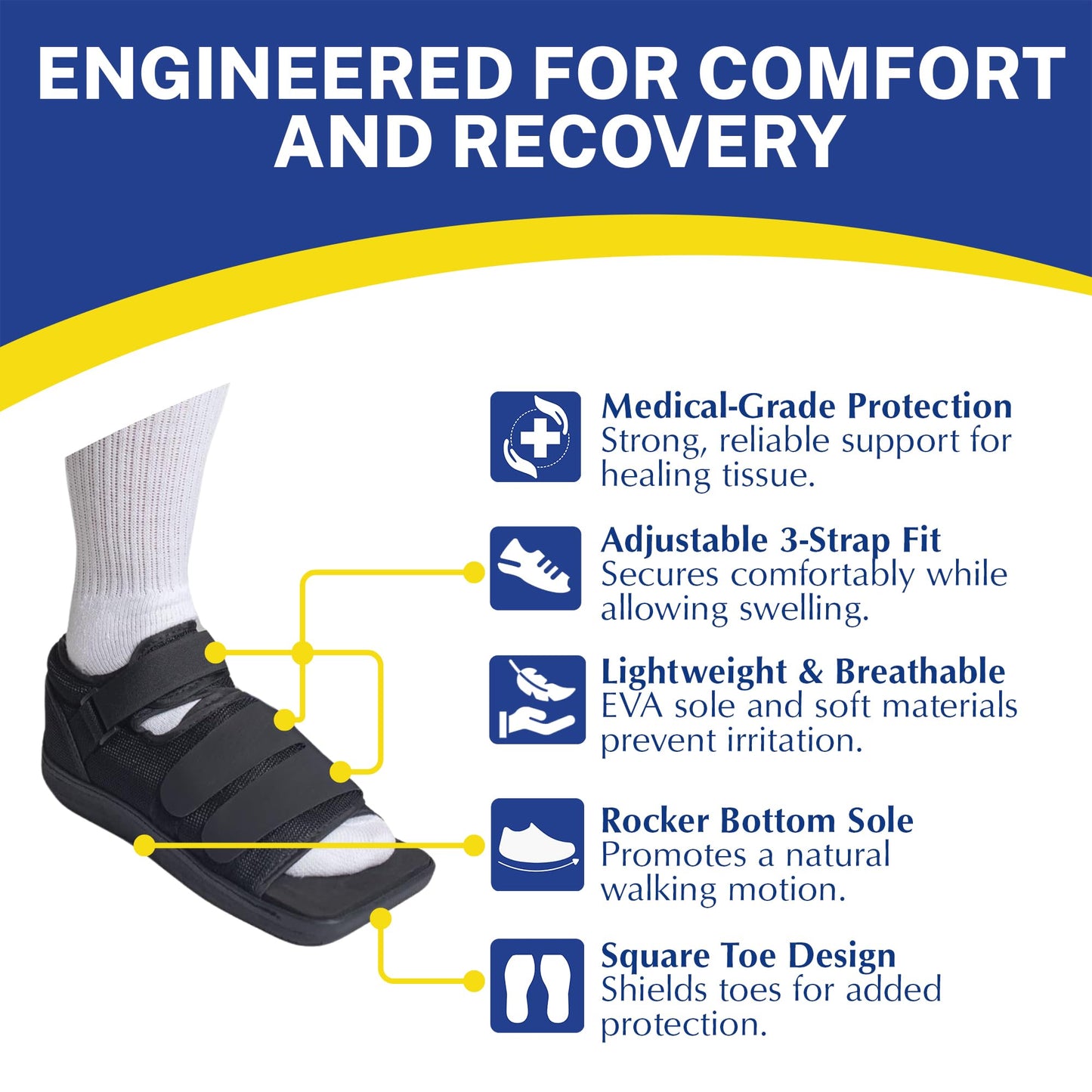 Brace Direct Square Toe Deluxe Post Op Shoe - Orthopedic Recovery Support for Broken Foot, Stress Fracture, Bunion, Hammer Toe, Diabetic Ulcer & Post-Surgery Healing Size S – Men 7.5-9 / Women