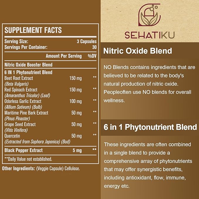 Nitric Oxide Supplement, Nitric Oxide Booster & 6-in-1 Phytonutrient Blend for Heart, Flow, Immune - 90 Capsules (1 Bottle)