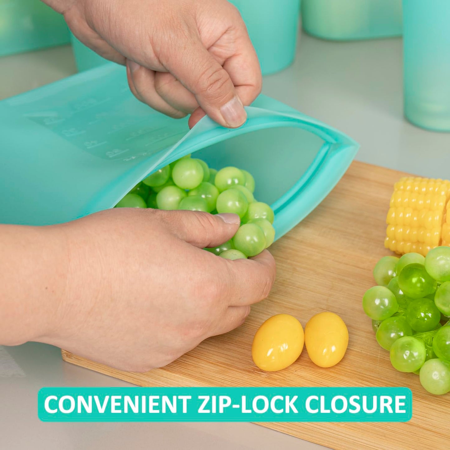 Annaklin Reusable Food Bags, 8 Pack 100% Silicone Food Storage Bags Stand Up Zip Lock Container, Freezer Microwave Oven Dishwasher Safe, 4 Medium 2 Small 2 Extra Small, Aqua
