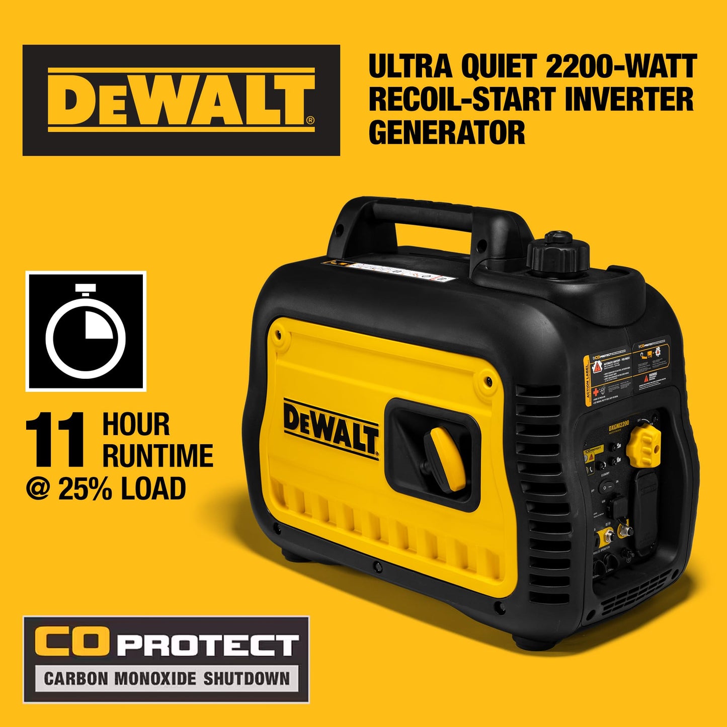 DeWalt 2,500 Starting Watt Portable Inverter Generator, Gas Powered, CO Protect Carbon Monoxide Detection, 8 Hour Runtime, Quiet Operation, Home Backup RV Camping Jobsite, 49 State