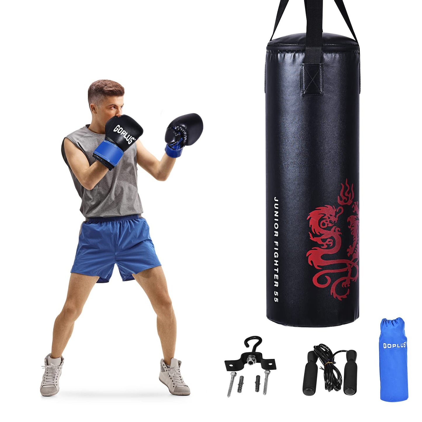 Goplus Punching Bag Set with Gloves, 22LBS/ 40LBS Filled Kick Boxing Bag, Rucksack, Jump Rope, Firm Hook, Heavy Bag for Adults MMA Training, Muay Thai, Krav MAGA, Taekwondo, Karate