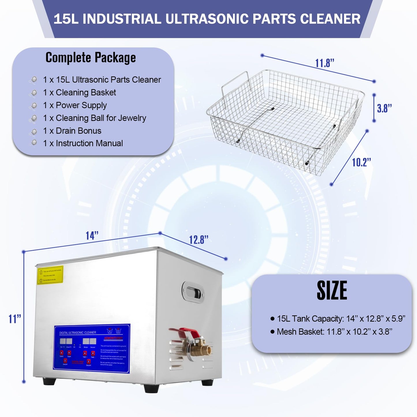 Ultrasonic Carburetor Cleaner, Ultrasonic Parts Cleaner 15L Industrial Ultrasonic Parts Cleaner with Heater&Digital Timer, Ultrasonic Carb Cleaner for Watch Dental Instrument Tool Parts Cleaning, 110V