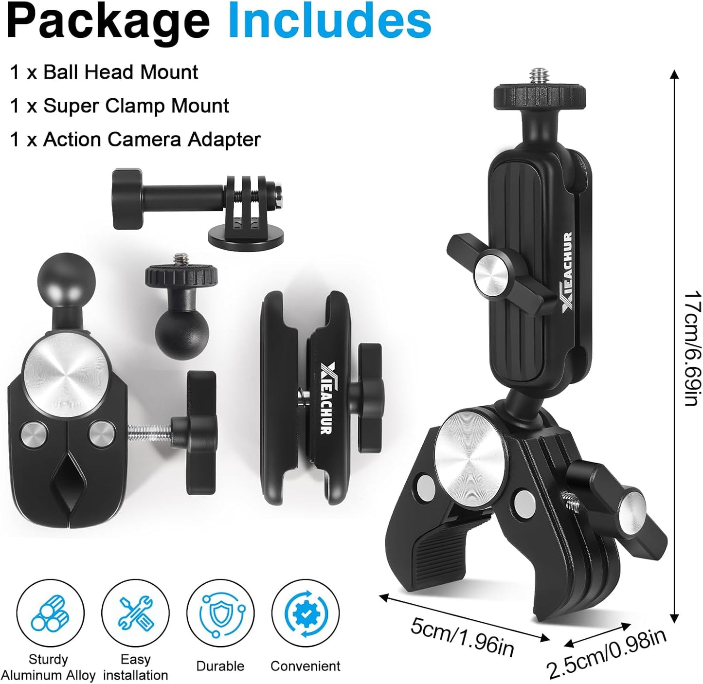 XIEACHUR 1/4 Inch Super Clamp Camera Mount Double Ball Head Magic Arm with Threads Universal Mount for Monitor Light