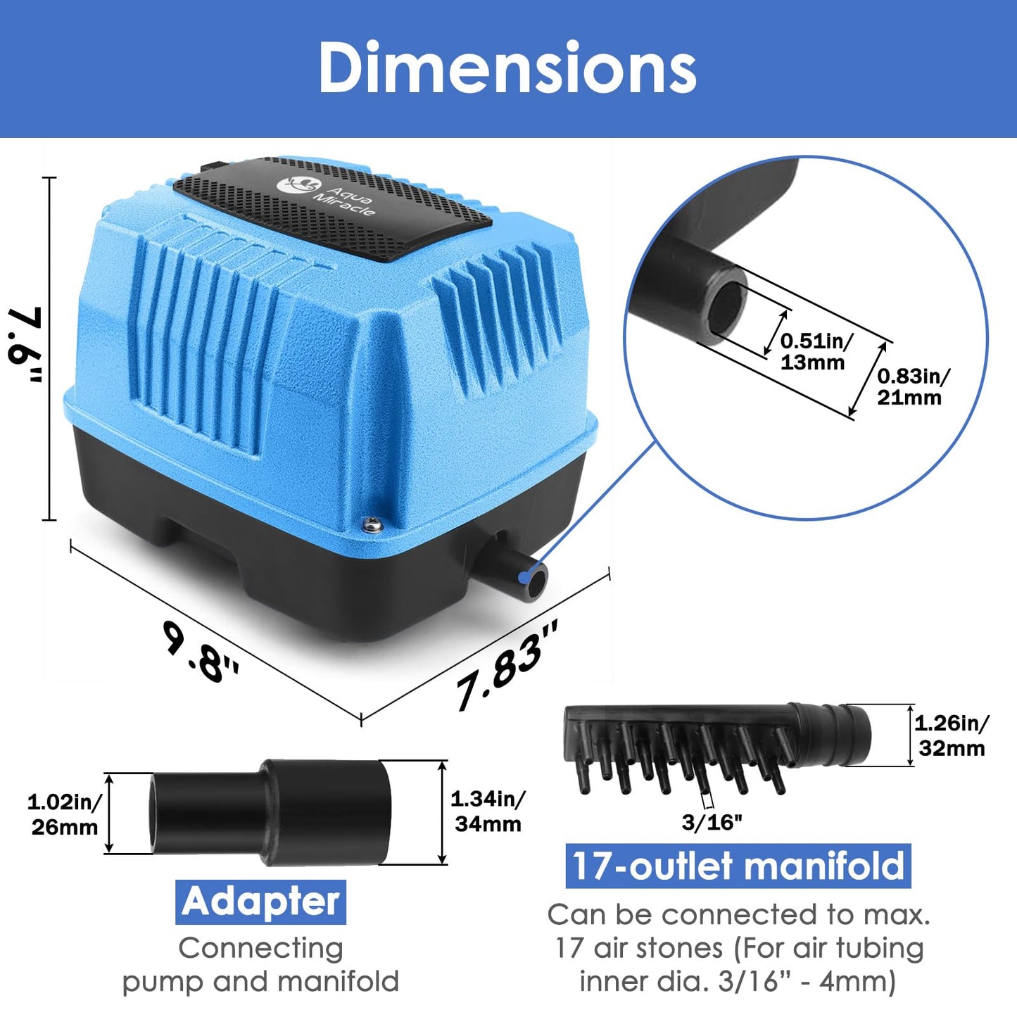 AquaMiracle Super Powerful Linear Air Pump AP-80 Pond Aerator, 1350GPH Koi Pond Air Pump Septic Aerator, for Hydroponic, Waste Treatment, Fish Farm, Seafood Restaurant