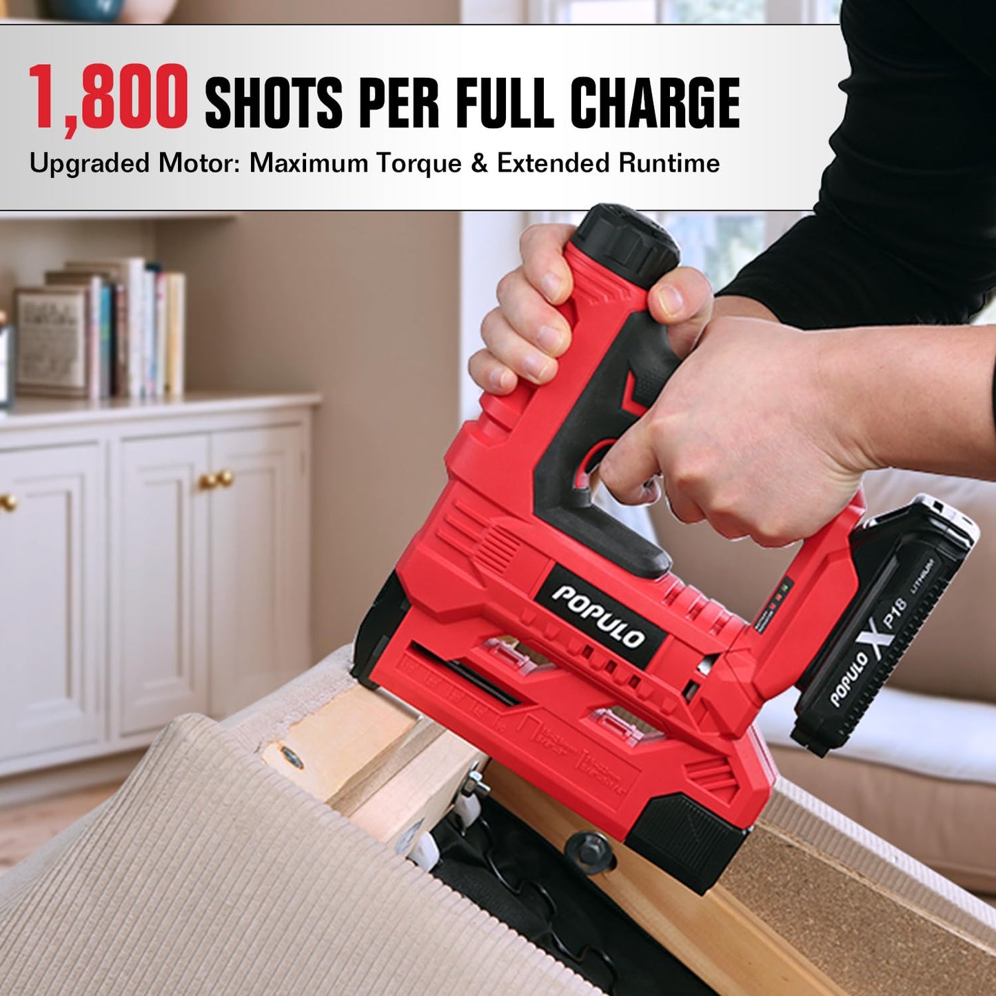 POPULO 20V Nail Gun Battery Powered, 18 Gauge 2-In-1 Cordless Brad Nailer Stapler Includes a 2.0Ah Battery, Charger, 1600 Staples and Nails, Electric Staple Gun for Carpentry and Upholstery