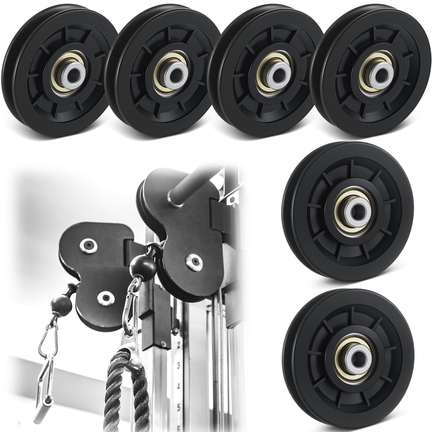 Soulchen 6 Pcs 6/8 Pcs 90mm/3.5" Universal Nylon Bearing Pulley-Wheel Replace for Home Gym Equipment Part Cable Machine, Wearproof Abration Bearing Wheel, Gym Equipment and Garage Door Pulley System