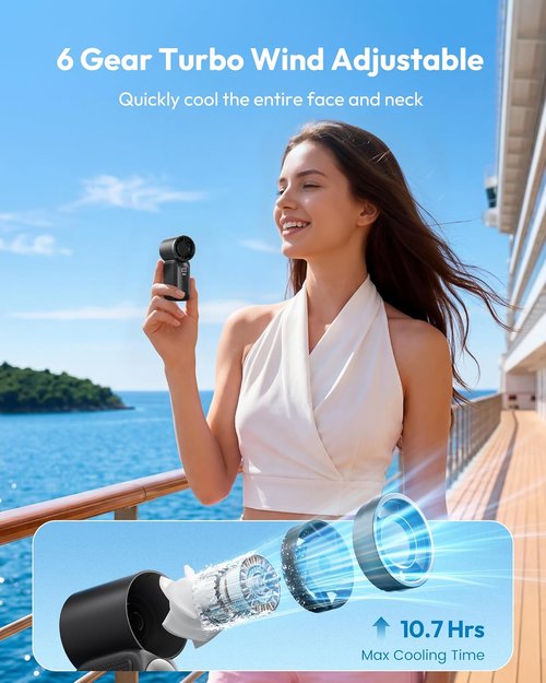Gaiatop Portable Handheld Mini Fan - 6-Speed High Velocity with LED Display | USB Rechargeable, Black