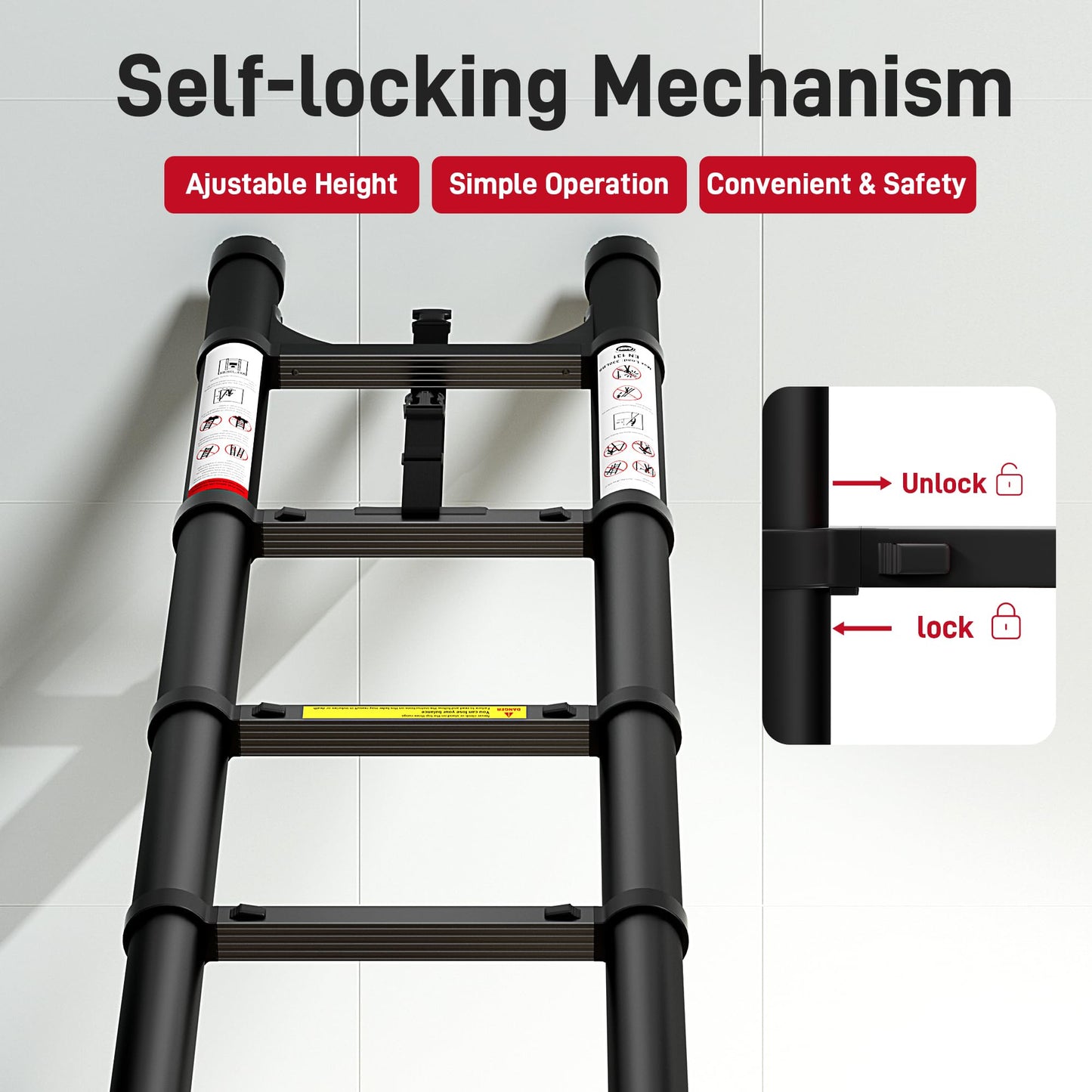 SEEKNEW Telescoping Ladder, 16.5 FT Aluminum Extension Ladder, 330 lbs Capacity with Triangular Stabilizers, Portable Collapsible Ladder for Roof, Home and RV; Black