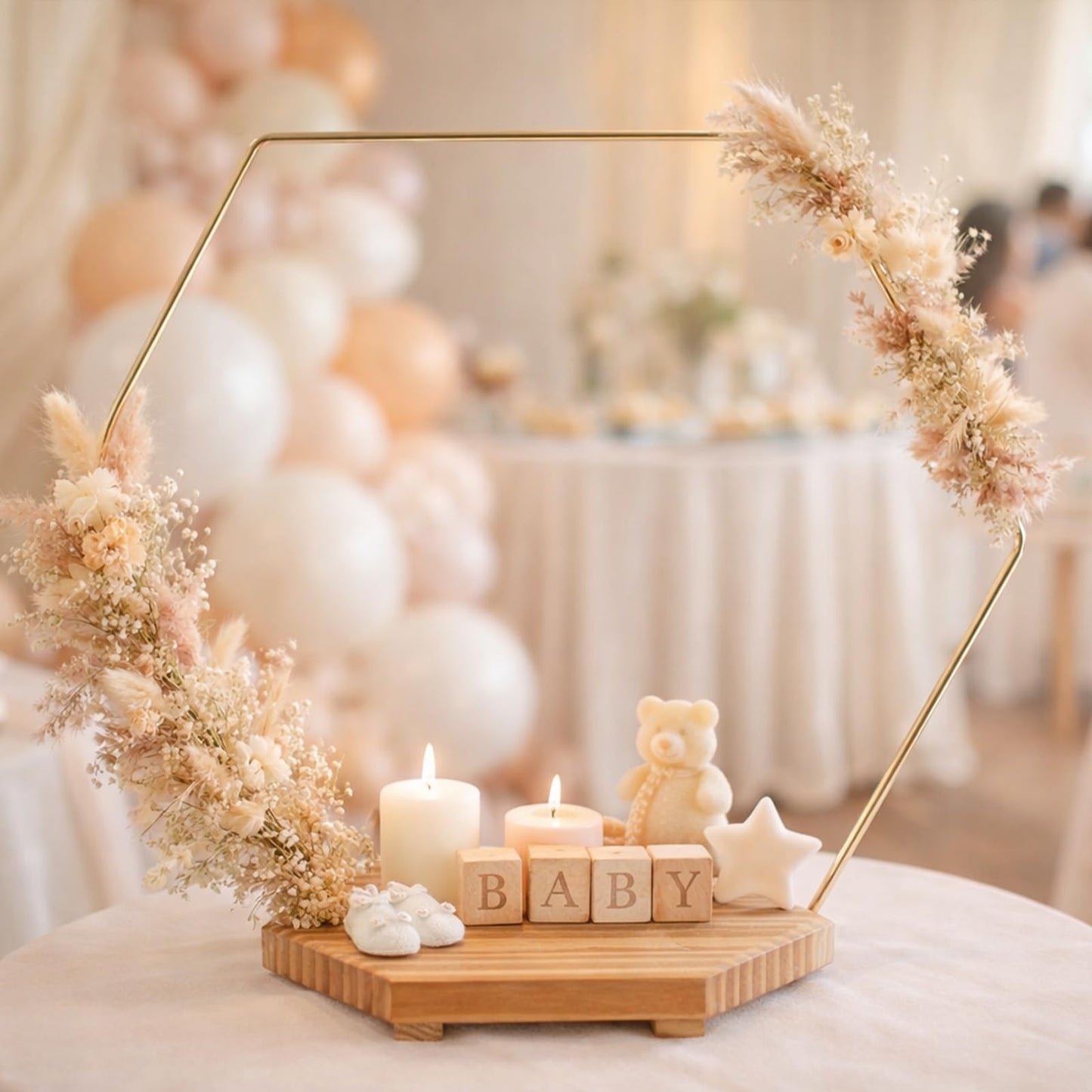 MJRASG 4 Pack Hexagonal Floral Hoops with Stand 14 Inch Wedding Cake Stand Metal Rings for DIY Centerpiece Table Decorations Crafts Wreath Wedding Birthday Wreath Candle Rings, Gold