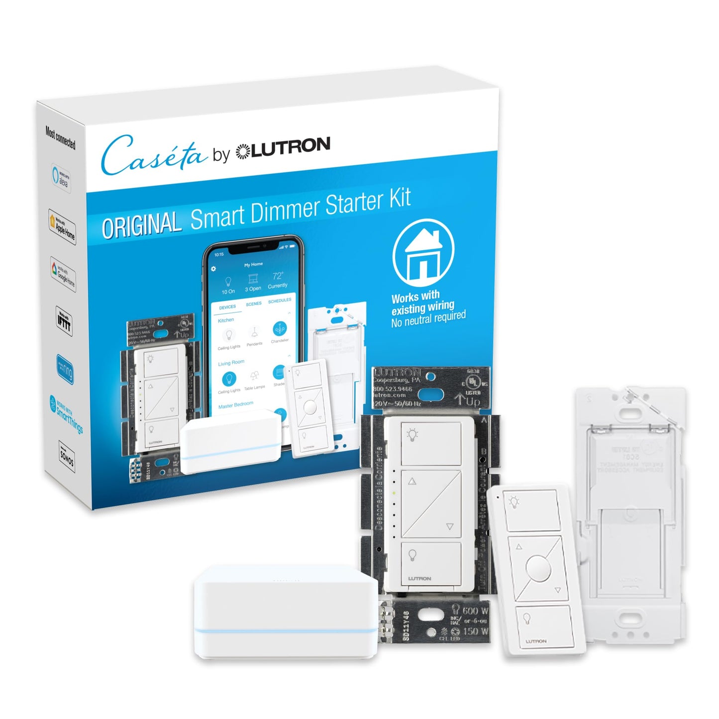 Lutron Caseta Original Smart Dimmer Switch Kit w/ Hub, Pico Remote & Wallmount Bracket, and Smart Dimmer Switch, No Neutral Required, Works with Alexa, Apple Home, Ring, & Google Home, P-BDG-PKG1W-A