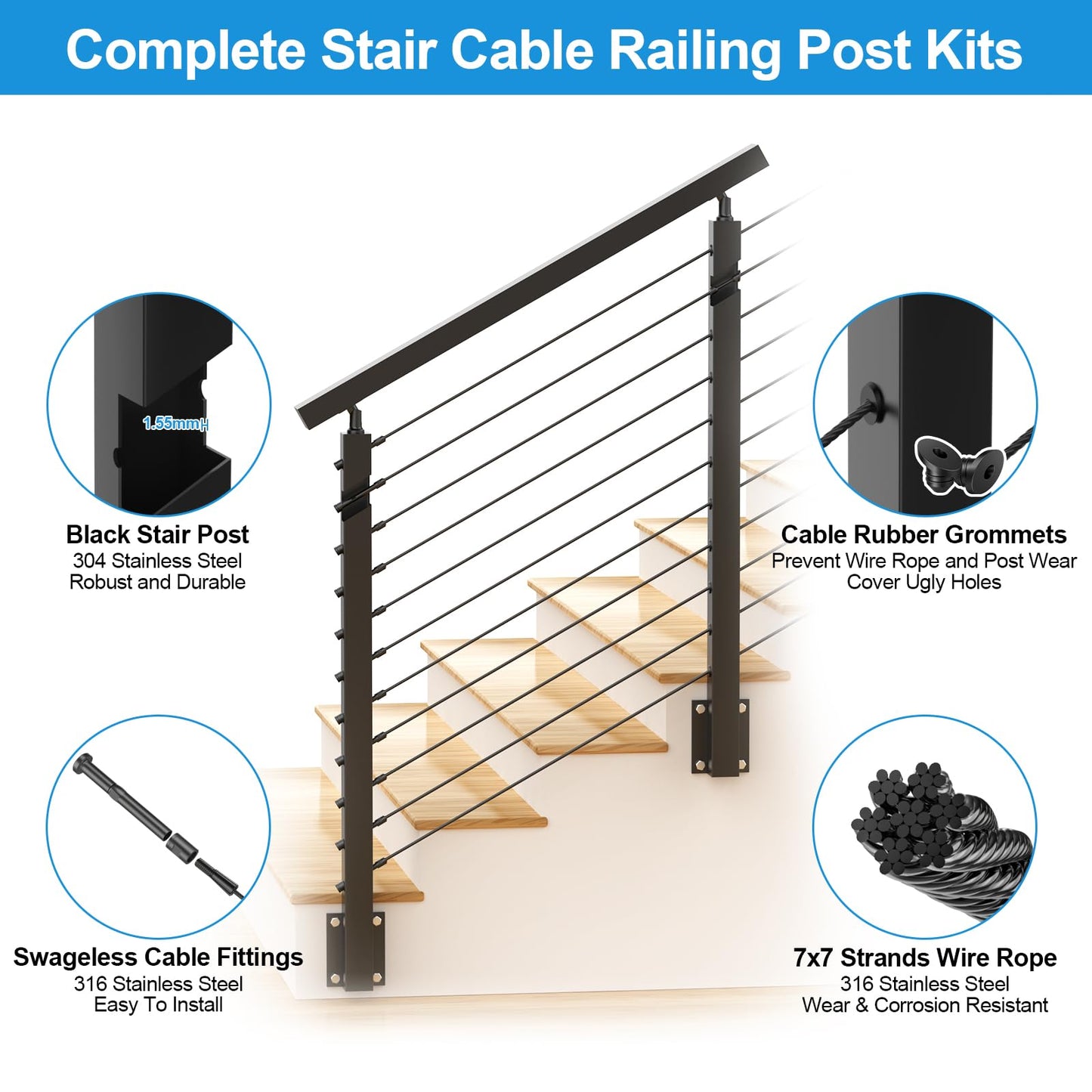 RailinGo 36" Side Mount Stair Railing Post, Stainless Steel Right Side 25~35° Stair Post w/Cable Grommets, Space-Saving Fascia Mount Deck Stair Railing System, 1/8" Black Cable Railing Kit, RG73