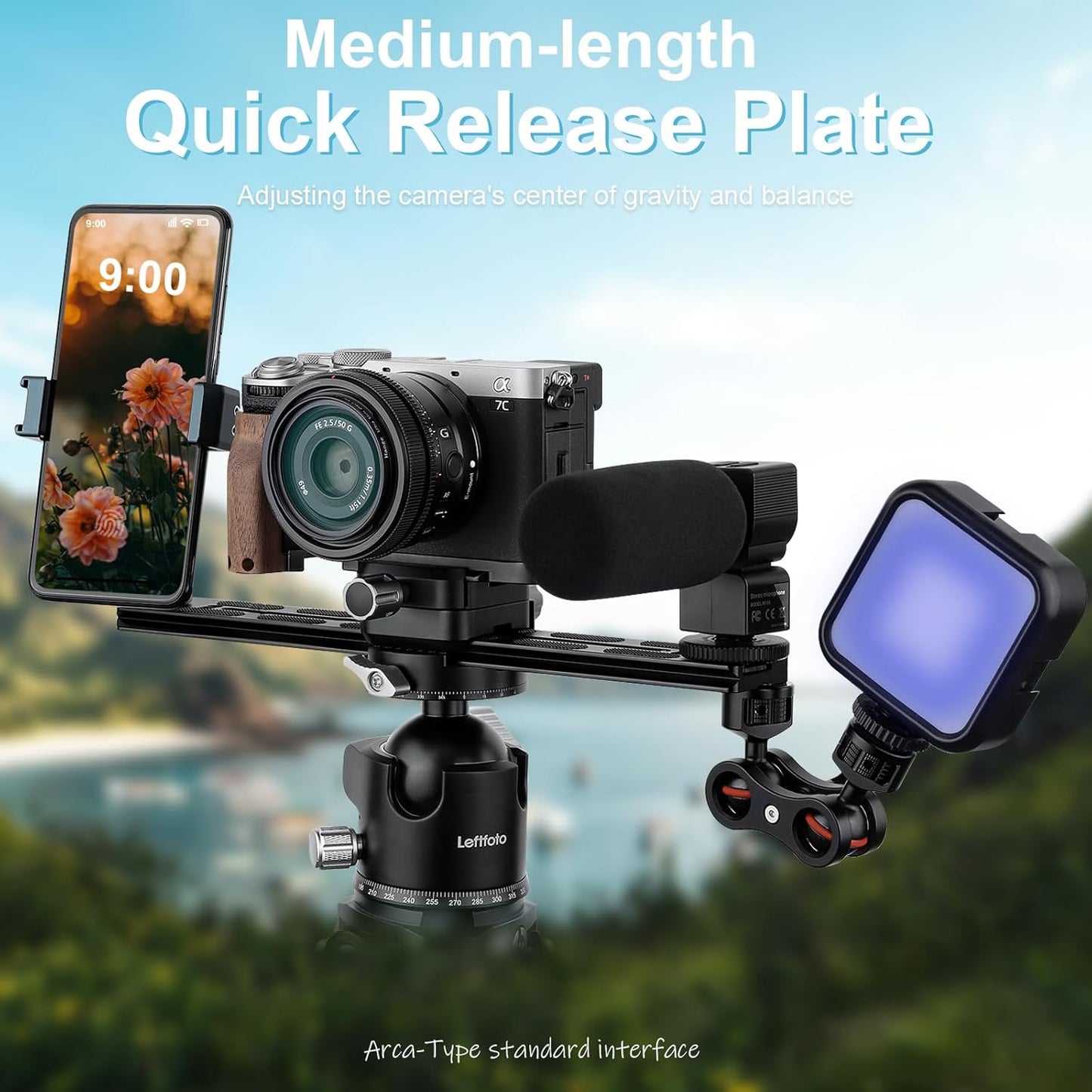 Leftfoto 280mm Metal Dovetail Slide Rail Arca Swiss Type Quick Release Plate with Cold Shoe & Anti-Slip Pads for DSLR