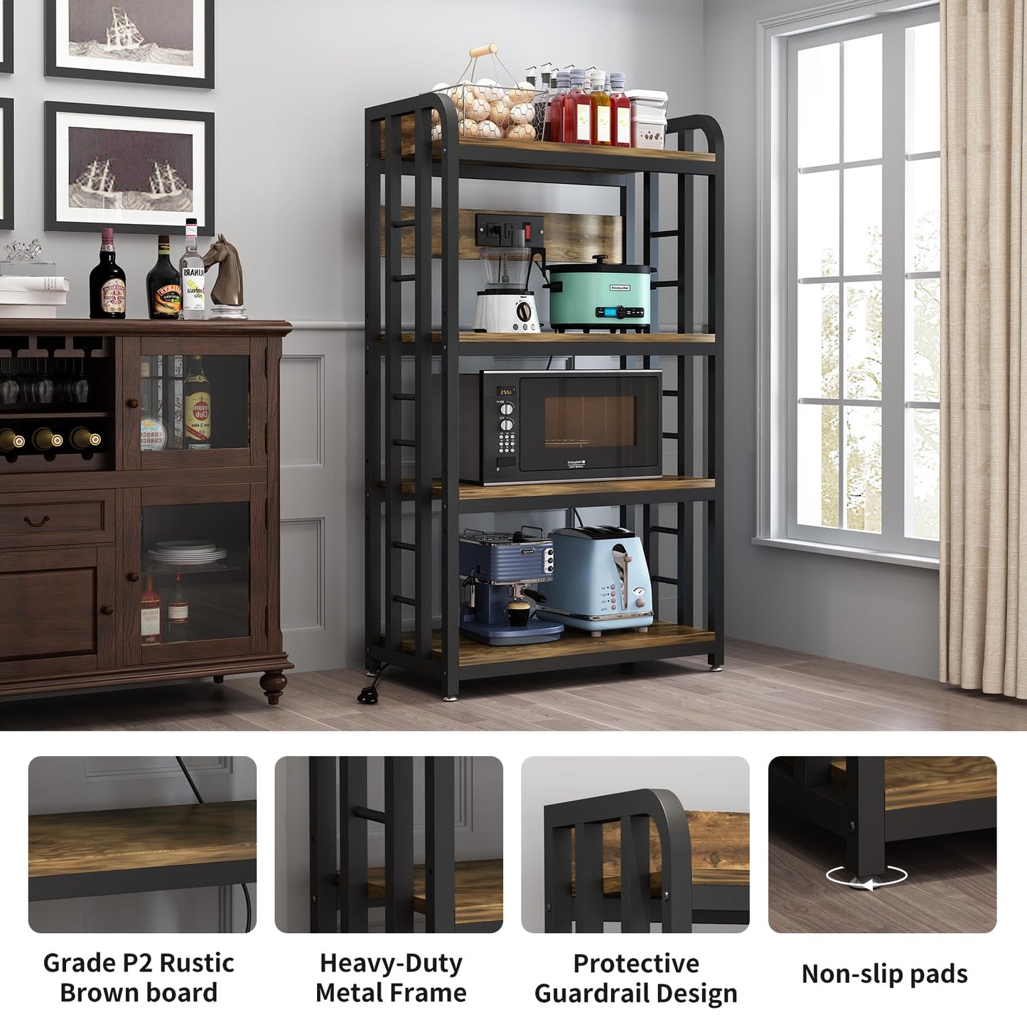 SIREDEEP Bakers Rack with Power Outlet ，4-Tier Kitchen Baker's Rack,Microwave Stand with Storage Suitable for Kitchen, Living Room, Dinning Room，Coffee Bar(Rustic Brown)