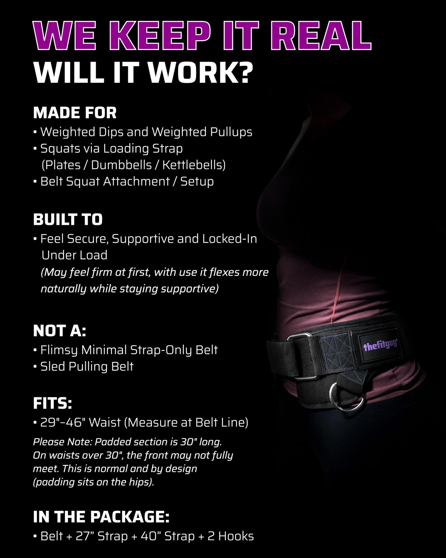 THEFITGUY Women’s Weighted Dip Belt – Contoured No-Pinch Fit for Dips, Pull-Ups & Squats | Designed for Women’s Hips | Sleek Black with Purple Stitching, Secure Buckle, 2 Straps & Hooks Included