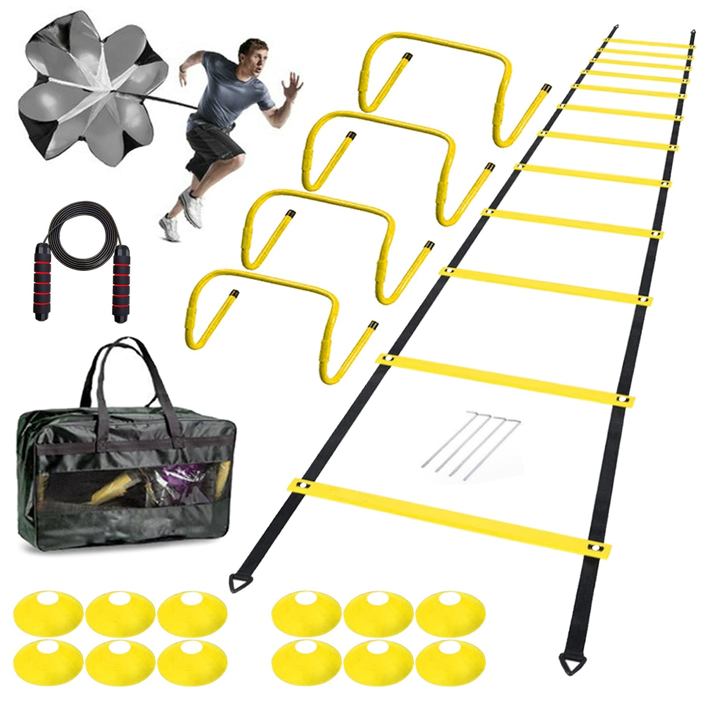 ENDIESS Agility Ladder Set 20ft, 4 Hurdles, 12 Soccer Cones, Jump Rope & Running Parachute - Speed Agility Training Equipment for Soccer Fitness Kids Youth Adults
