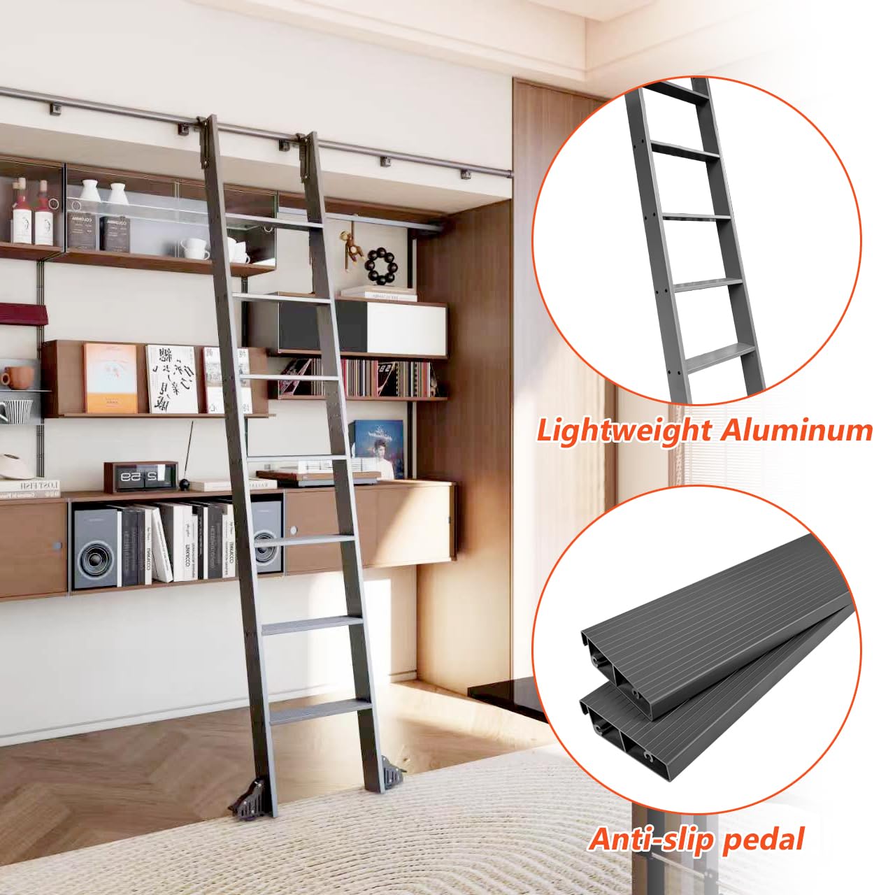 87" Sliding Library Ladder, Black +8FT Rolling Track Kit