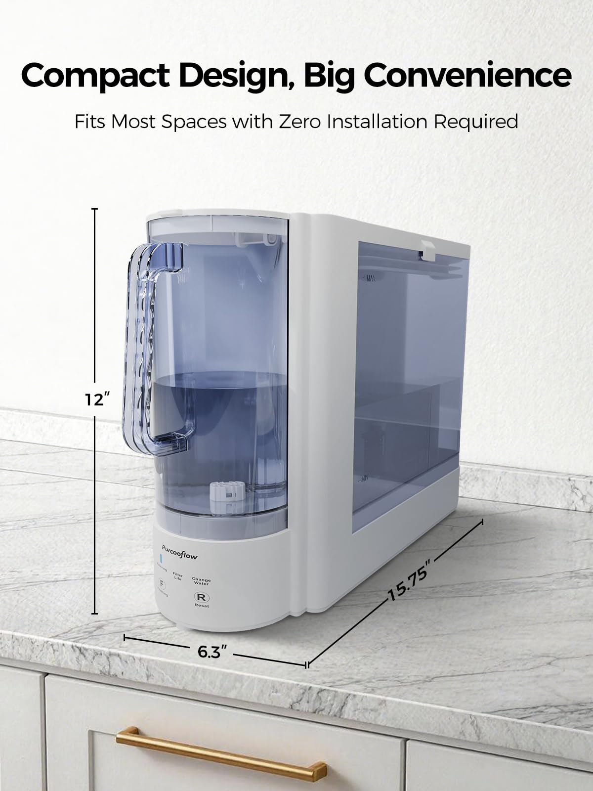 Purcooflow Countertop Reverse Osmosis Water Filtration System, Compact Auto-Fill Dispenser for Home, 4-in-2 RO & CTO Water Purifier, 3.5:1 Pure to Drain Ratio, No Plumbing Required