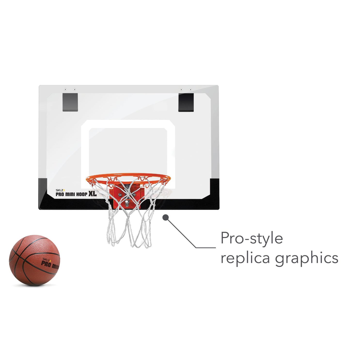SKLZ Pro Mini XL Indoor Basketball Hoop with Ball, Over the Door, 23 x 16 Inch Shatter-Proof Backboard, Spring-Action Break-Away Steel Rim, Great for Home, Dorm Room, and Office