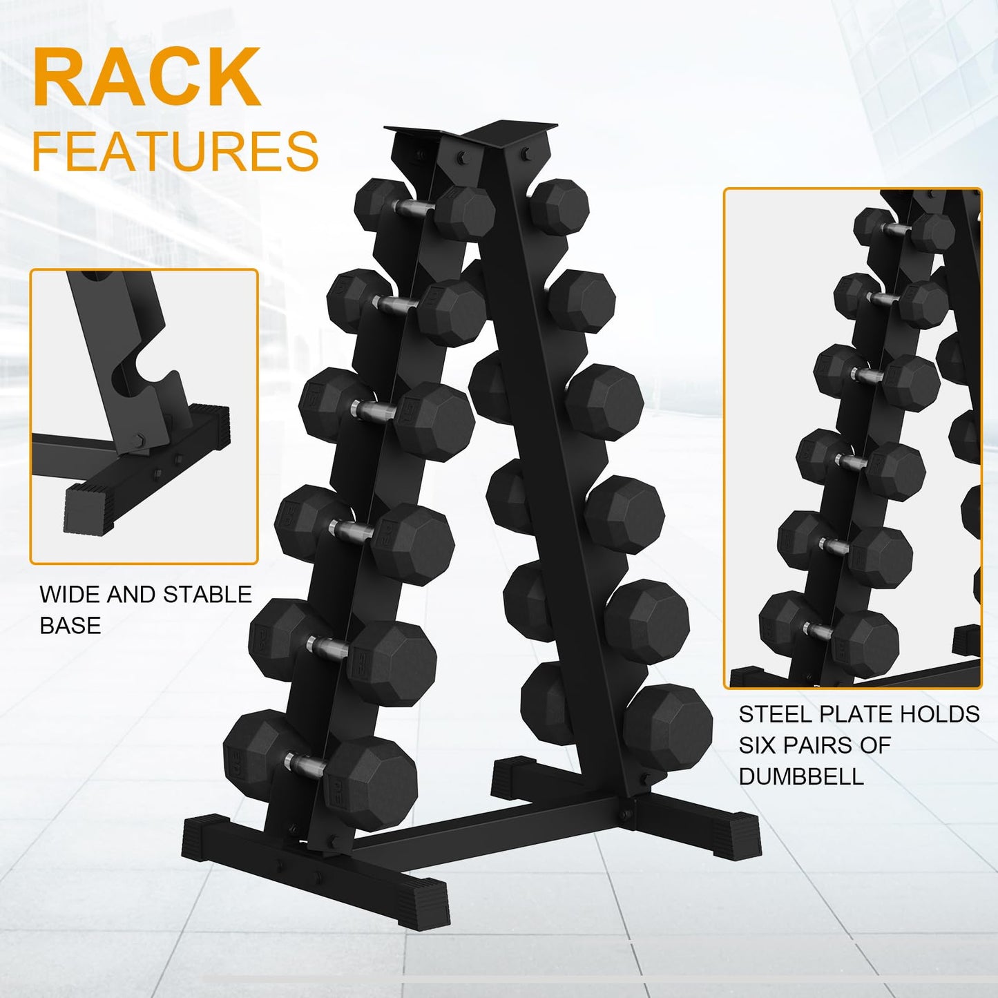 Hex Dumbbell Sets with Rack, 210LB (5-30Lb, 6 Pairs) Rubber Coated Dumbbell Weight Set and Storage Rack,Multiple Sizes Exercise & Fitness Dumbbells for Muscle Toning, Strength Building & Full Body Workout