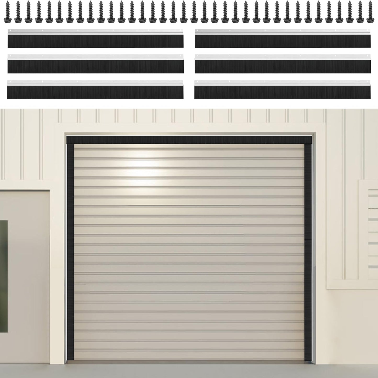10 x 10 ft Garage Door Seal Kit, 3" Thickened Nylon Bristles with Aluminum Track, Heavy Duty Weather Roll Up Door Seal, for Commercial, Barn, Warehouse, Corrugated Doors, 2 Top & 4 Side Brushes