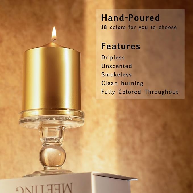 MOZEAL 3" x 8" Hand-Poured Unscented Candles,Large Gold Pillar Candles Set of 2,No Drip,Approx 120 Hours Long Burning,Wedding,Dinner,Christmas and Home Decor（3 Inch Diameter 8 Inch Height）