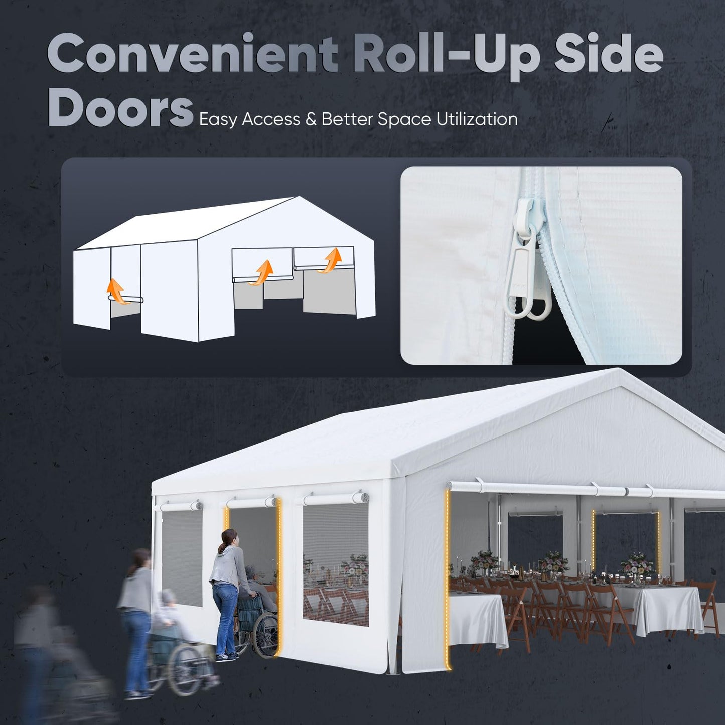 Quictent 20x20 ft Heavy Duty 2 Car Carport, Waterproof Storage Shelter with Zipper Side Doors, Snowproof Steel Cables & Ventilated Windows, Outdoor Garage for Car, White