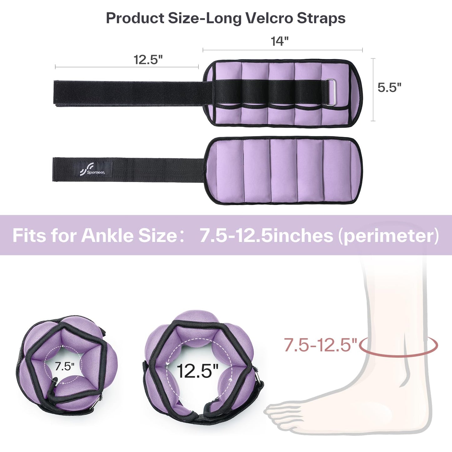 Sportneer Adjustable Ankle Weights Set - 1 Pair (2-10 lbs) Removable Sandbags for Women & Men, Comfortable Neoprene Leg Weights for Walking, Running, Pilates, Yoga, Home Workout & Physical Therapy