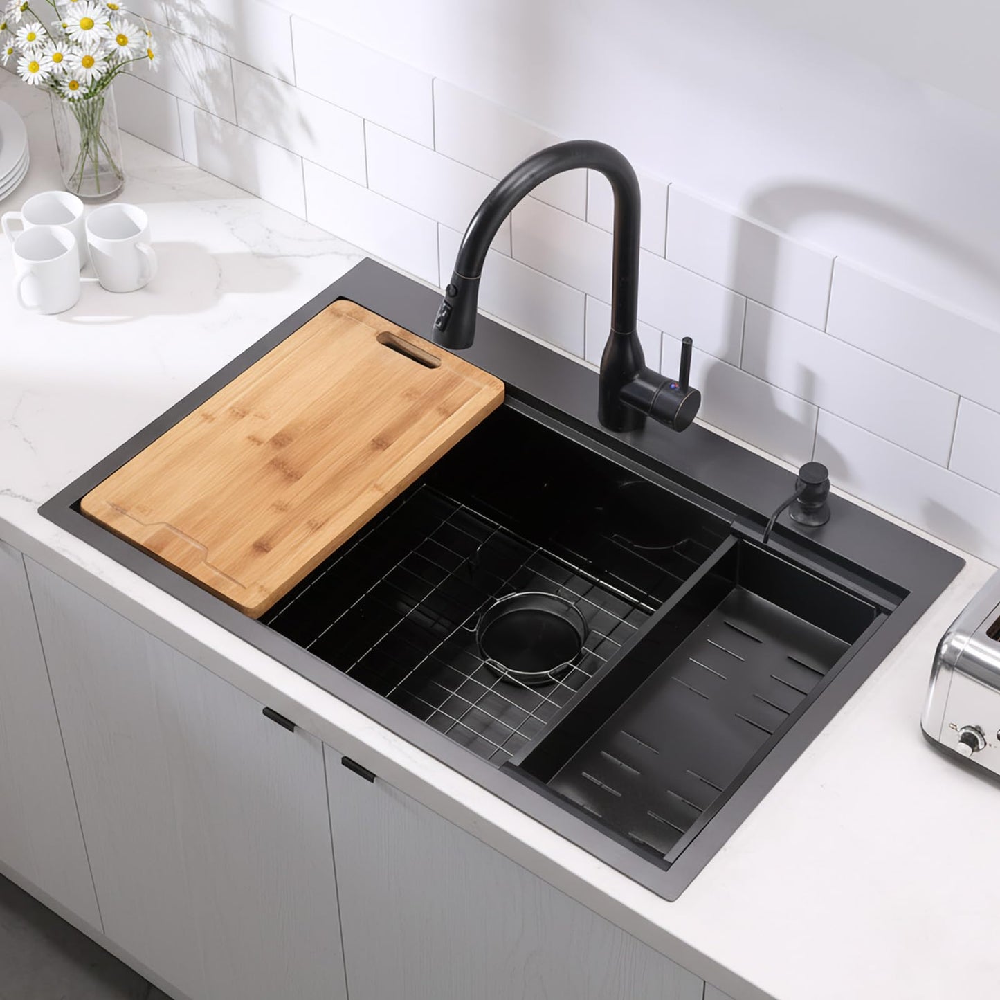 UFaucet 33x22 Drop In Kitchen Sinks Black, Gunmetal Black Stainless Steel Workstation 16Guage Topmount Single Bowl 9 Inch Deep Sink for Kitchen with Integrated Accessories and Features