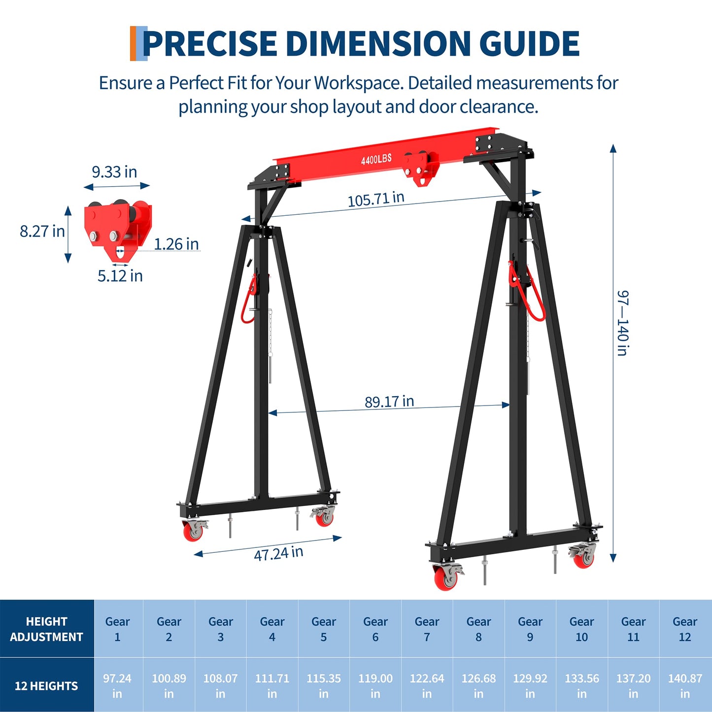 Adjustable Gantry Crane with Manual Trolley, Hook and Sling Strap, 2 Ton 4400 LBS Capacity, Portable Gantry Crane Height Adjustable 97" to 141" with 12 Positions, for Factories, Warehouses, Constructi