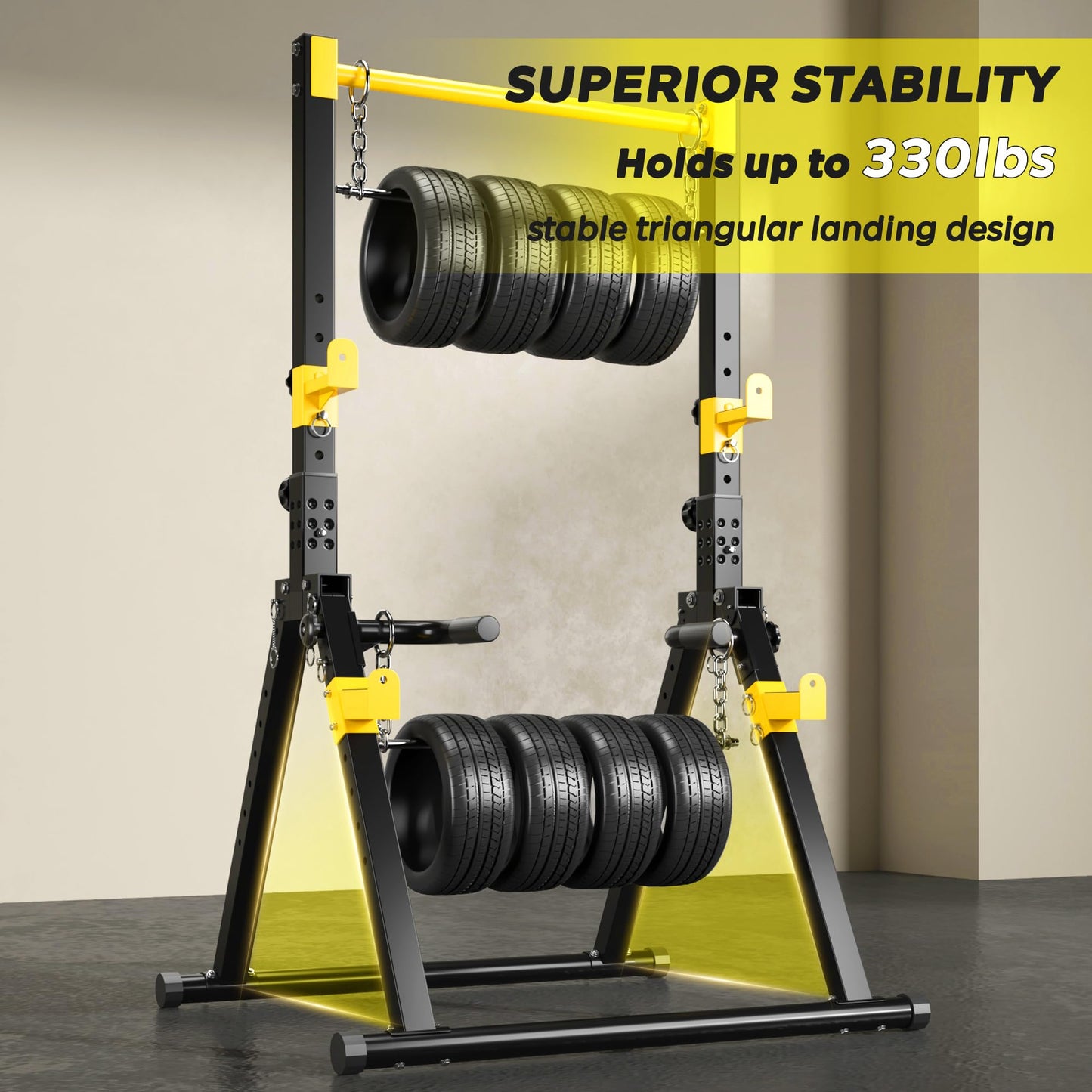 DlandHome Foldable Power Tower Pull Up Bar Dip Station, Adjustable Height Multifunction Workout Pull Up Tower Station for Home Gym, Strength Training Equipment, Triangular Legs, Up to 330lbs, Yellow