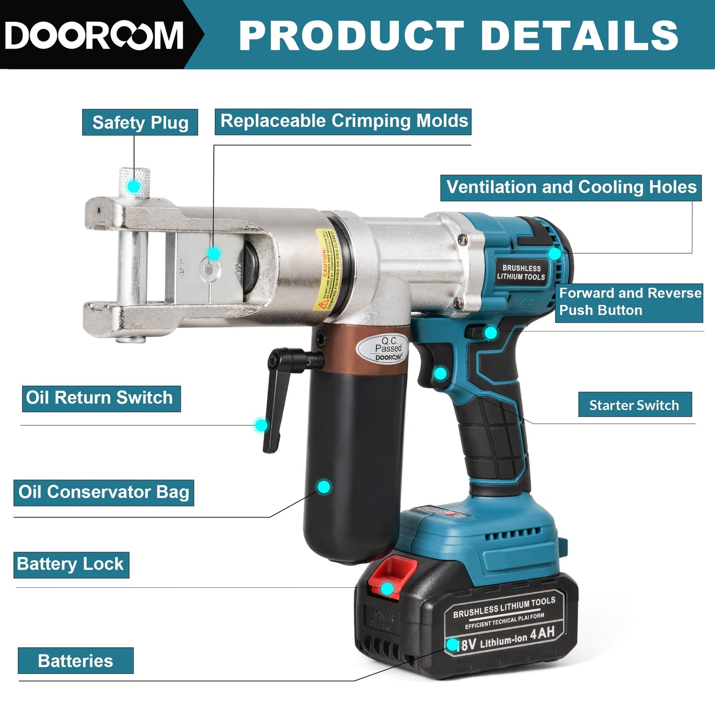 DOOROOM Electric Hydraulic Cable Lug Crimping Tool, 8 AWG to 500 MCM Terminal, Cable, Wire Electric Crimper Tool Kit, Battery Crimp Tool Kits with 11 Dies