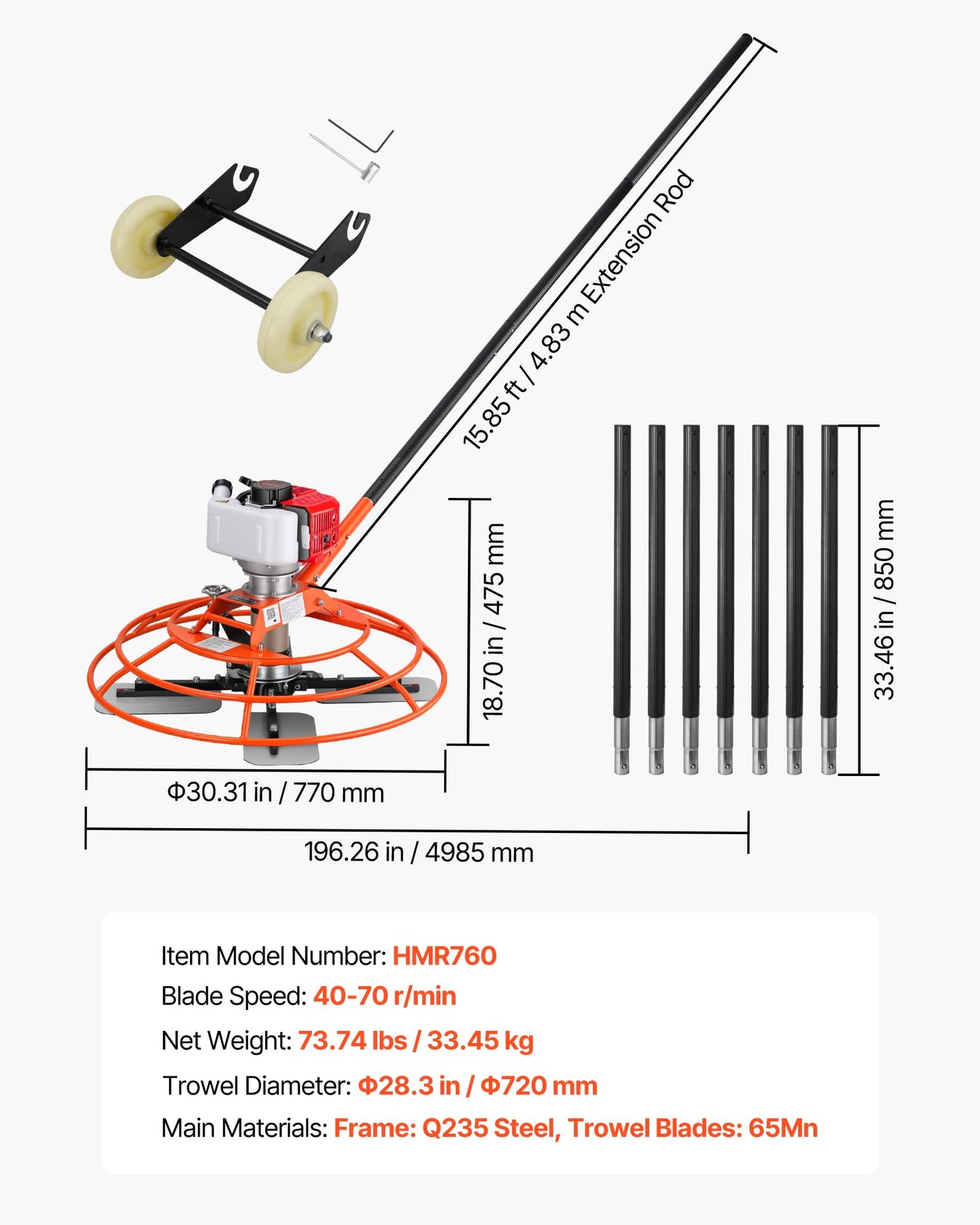 VEVOR Power Trowel, 28.3 inch Trowel Diameter Concrete Finishing Machine, 4 Blades, Adjustable 0-12° Pitch, Gas-Powered Walk-Behind Cement Surface Finisher for Smooth Floors, Bridge Construction