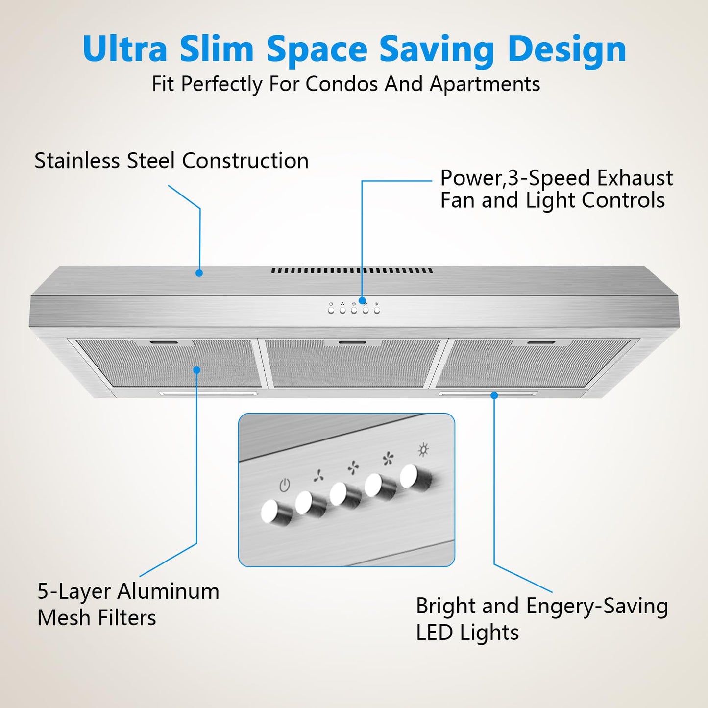 Upgraded 600 CFM Range Hood 36 Inch, Under Cabinet Range Hood for Duct/Ductless Convertible, Stainless Steel Kitchen Stove Vent with 3 Speed Kitchen Exhaust Fan and Two Bright Energy-Saving LED Light