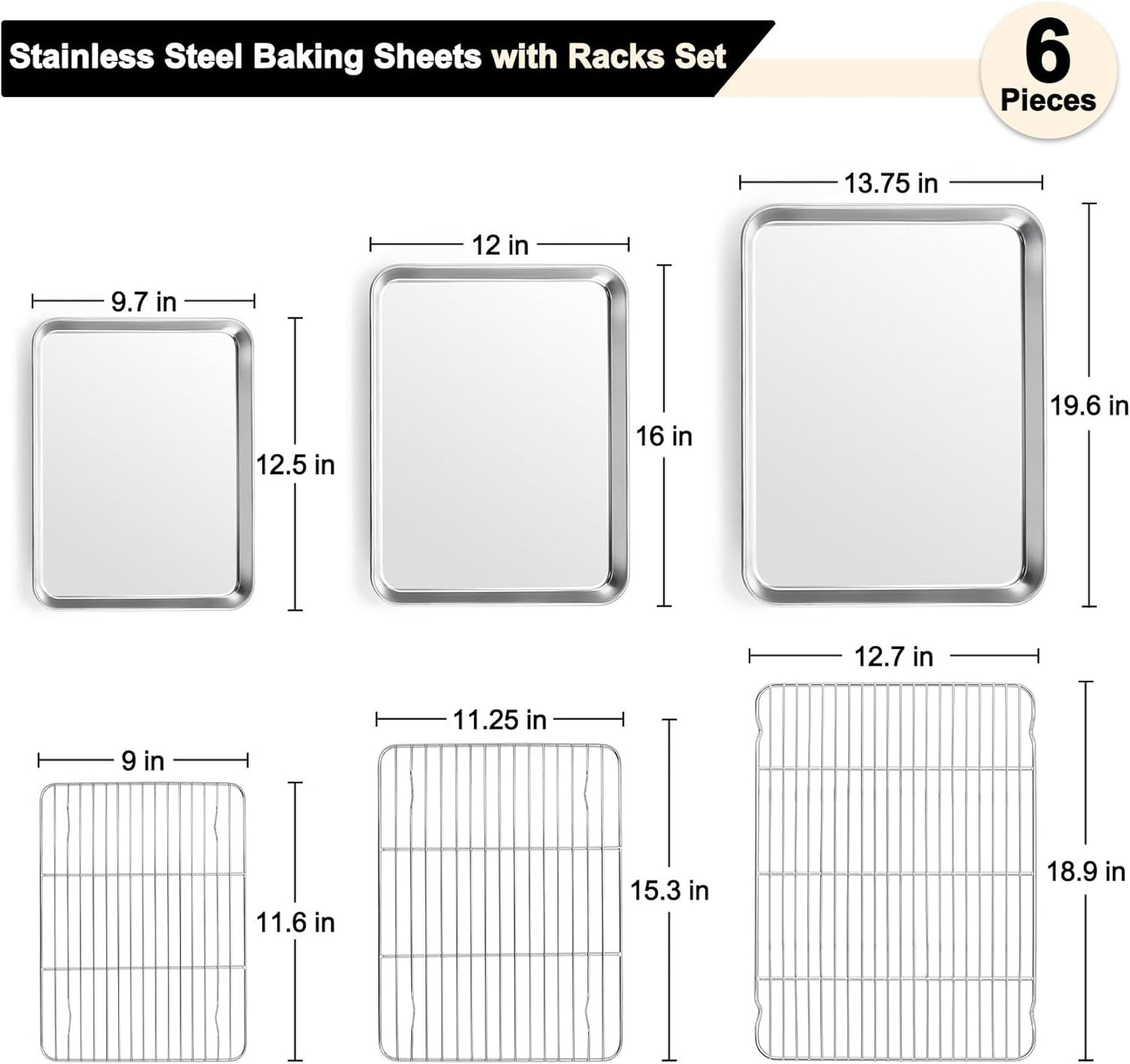 TeamFar Baking Sheet Set - 3 Stainless Steel Cookie Sheets with Racks | Non-Toxic, Heavy Duty, Dishwasher Safe, 19.6/16/12.5 Inch