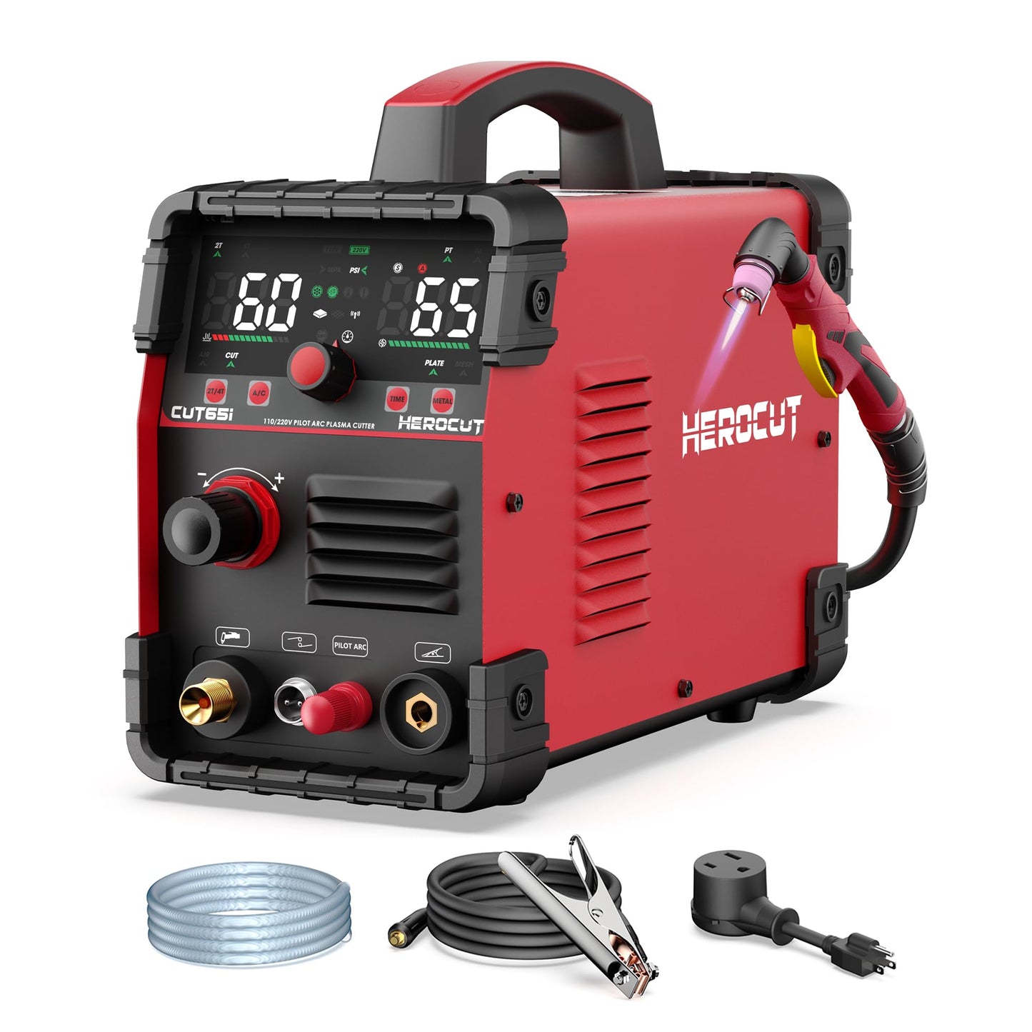 Plasma Cutter, 65Amps HEROCUT Plasma Cutter Machine CUT65i, Non-Touch Pilot Arc, 110/220V Dual Voltage IGBT Inverter, Screen Display, Air Sensor, 20mm Max Cutting Thickness, 2T/4T for Beginners DIY
