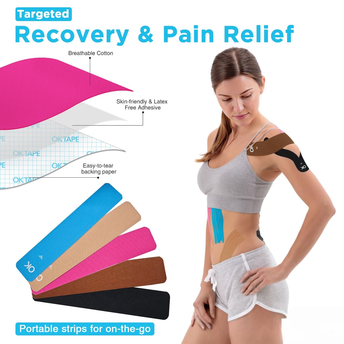 OK TAPE 100Pcs Precut Kinesiology Tape Strips, Elastic Athletic Tape for Joints Support & Muscle Pain Relief, Waterproof, Kinetic Tape for Shoulder, Knee, Ankle (5 Colors, 2 inch x 10 inch)