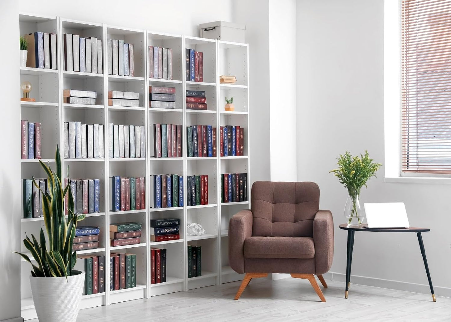 BELECO 7x5ft Fabric Living Room Backdrop Modern Room Interior with Armchair White Bookcase, Office Zoom Meeting