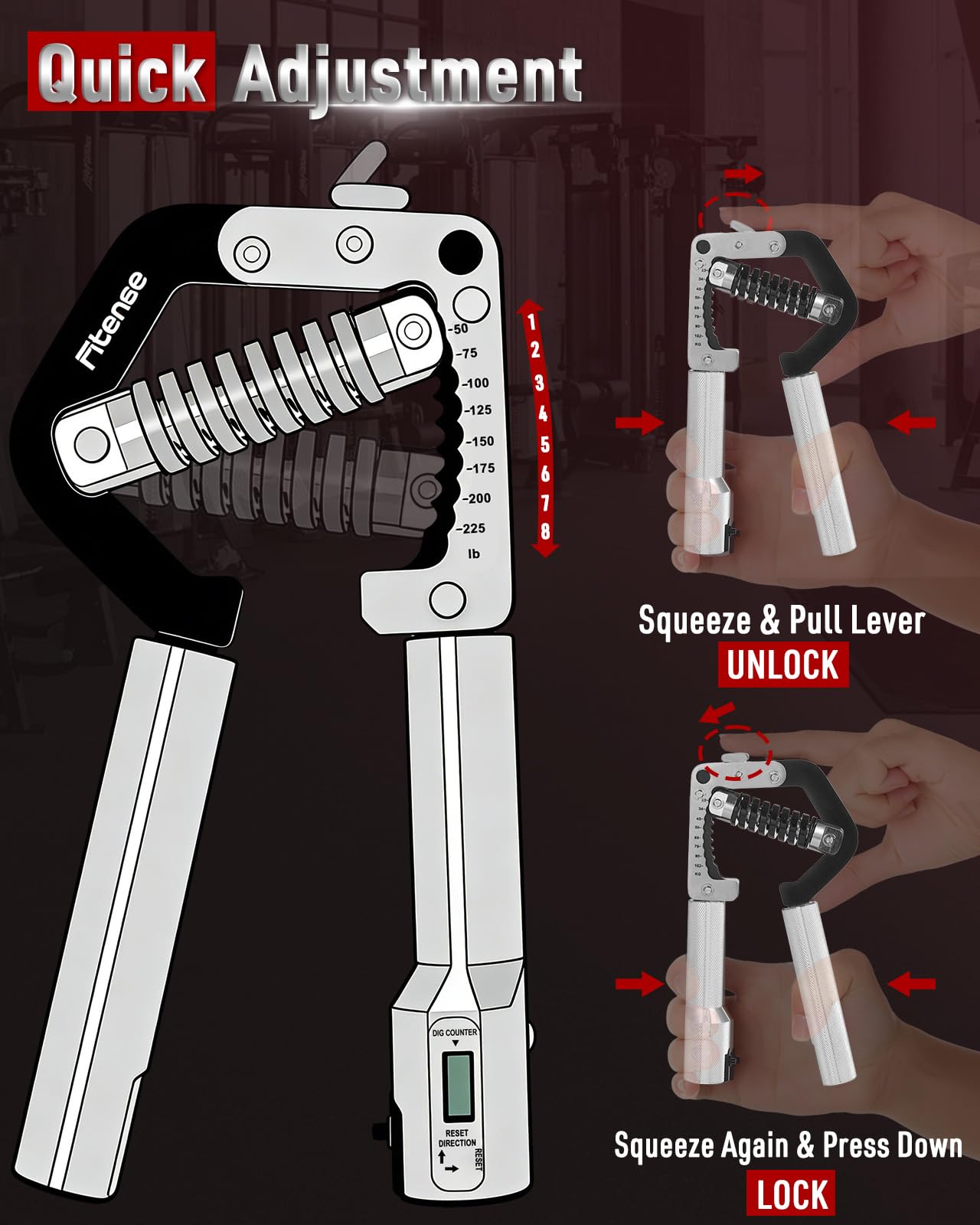 Fitense Grip Strength Trainer - Adjustable Hand Gripper Strengthener 8 Levels 50-225 lbs with Counter, Hand Grip Exerciser Wrist Strengtheners, Forearm, Finger & Hand Strength Training for Athletes, Climbers & Rehabilitation