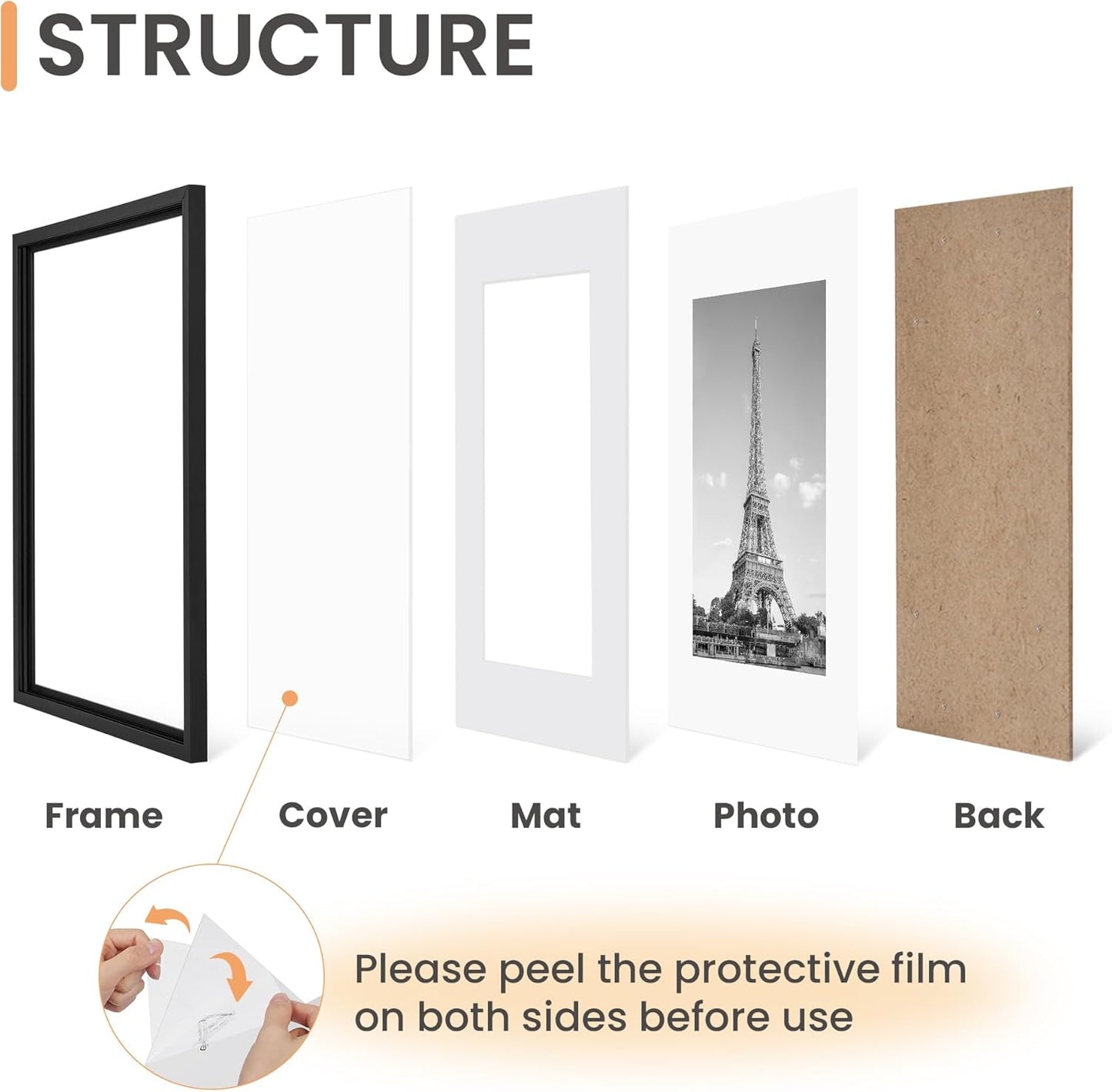 Upsimples 8x12 Picture Frame Set of 5 - Versatile Wall Gallery Frames for 6x8 or 8x12 Photos - Black