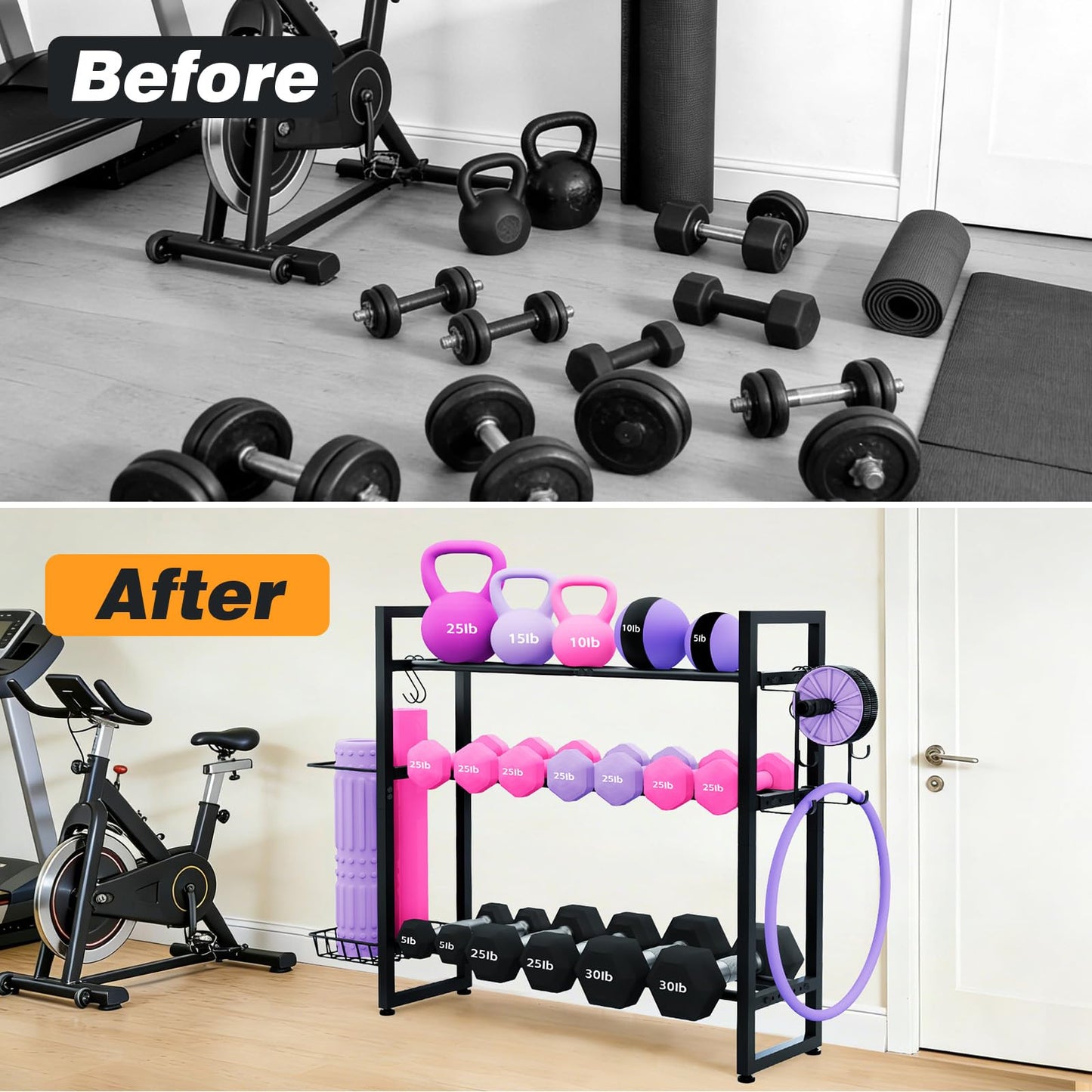 laapee 3-Tier Dumbbell Rack with 882 LBS Capacity, Multi-Purpose Weight Rack for Home Gym with Shelf and Movable Hooks, Weight Holder and Home Gym Storage Organizer for Dumbells Kettlebells Yoga Mat