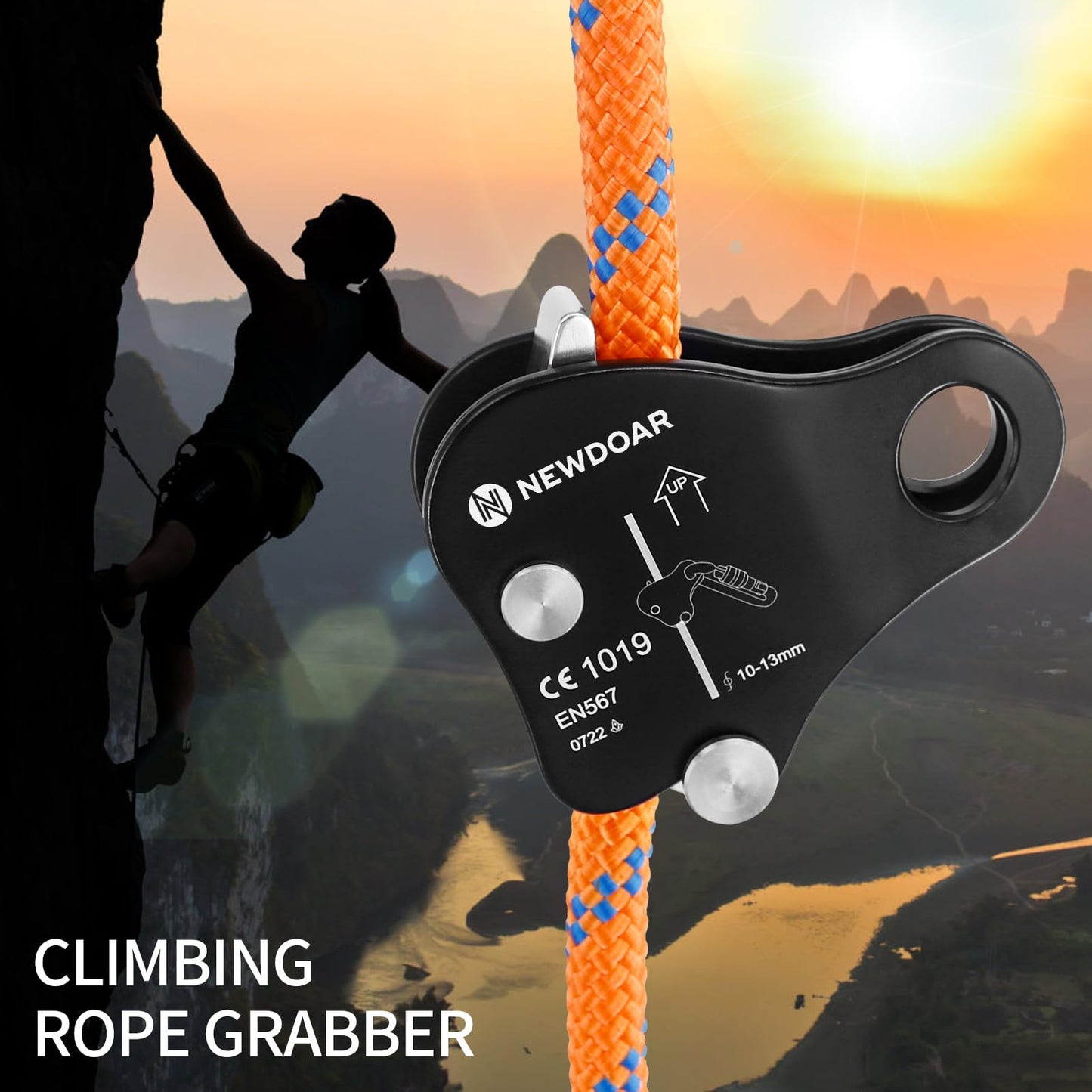 NewDoar Rope Grab Ascender 12KN Riser Adjuster Fits 10mm-13mm Rope for Rocking Climbing Protection Rescue (Black)