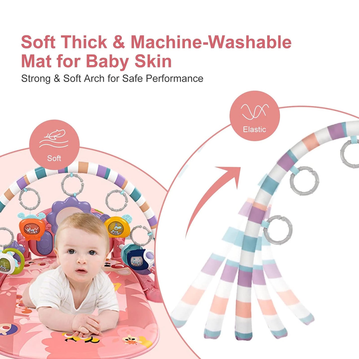 Baby Gym Play Mat, Piano Kick and Play Lights and Music Tummy Time Toys Infant Musical Activity Gym Mat for Visual, Hearing, Sensory, Gift Suitable for Newborns Aged 0 to 3 6 9 12 Months (Pink)