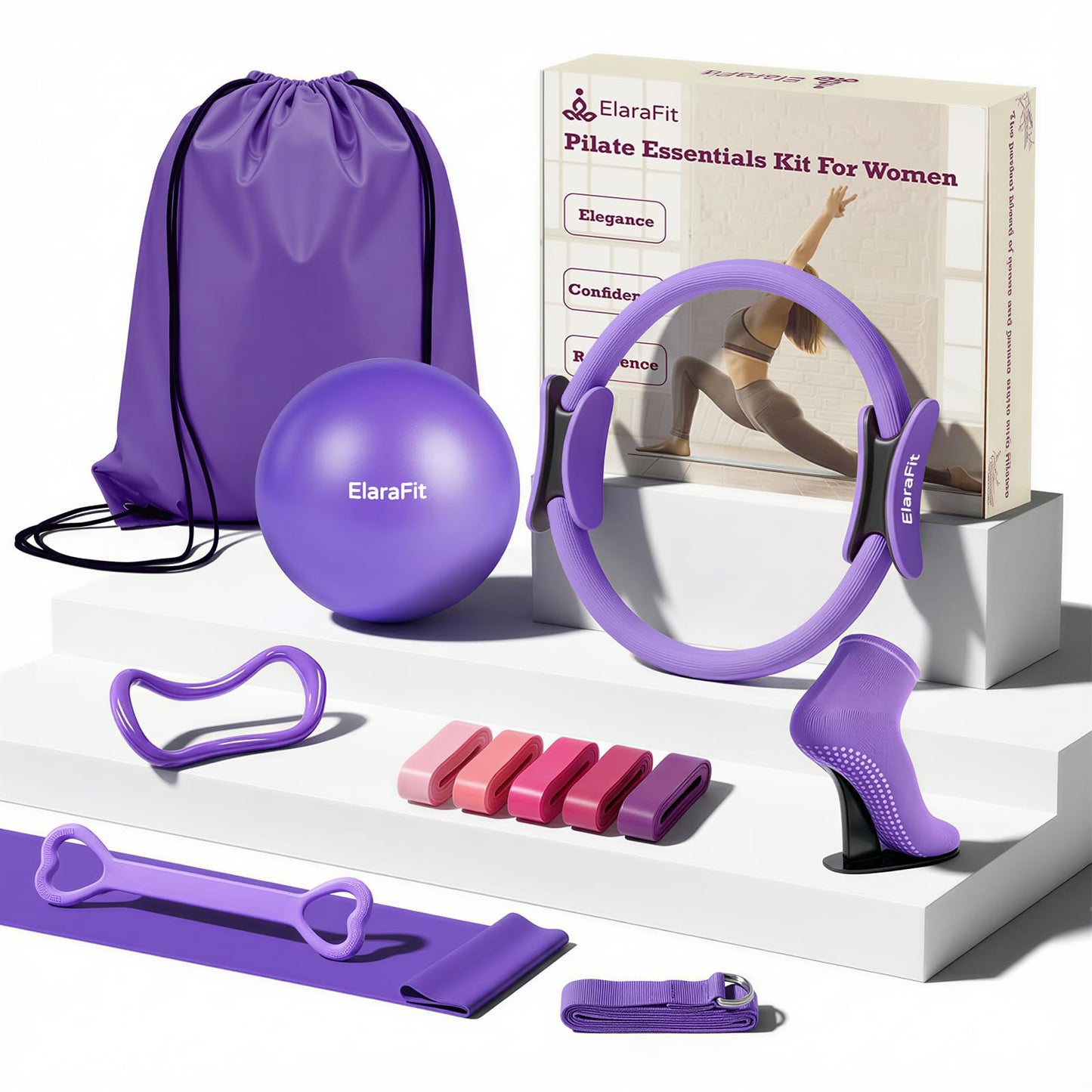 ElaraFit 13 Piece Pilates Kit for Women, Home Pilates Ring and Ball Set with 5 Resistance Bands, Stretch Strap, Arm Exerciser, Grip Socks, Storage Bag and Workout Guide, 13 Inch Magic Circle, Purple