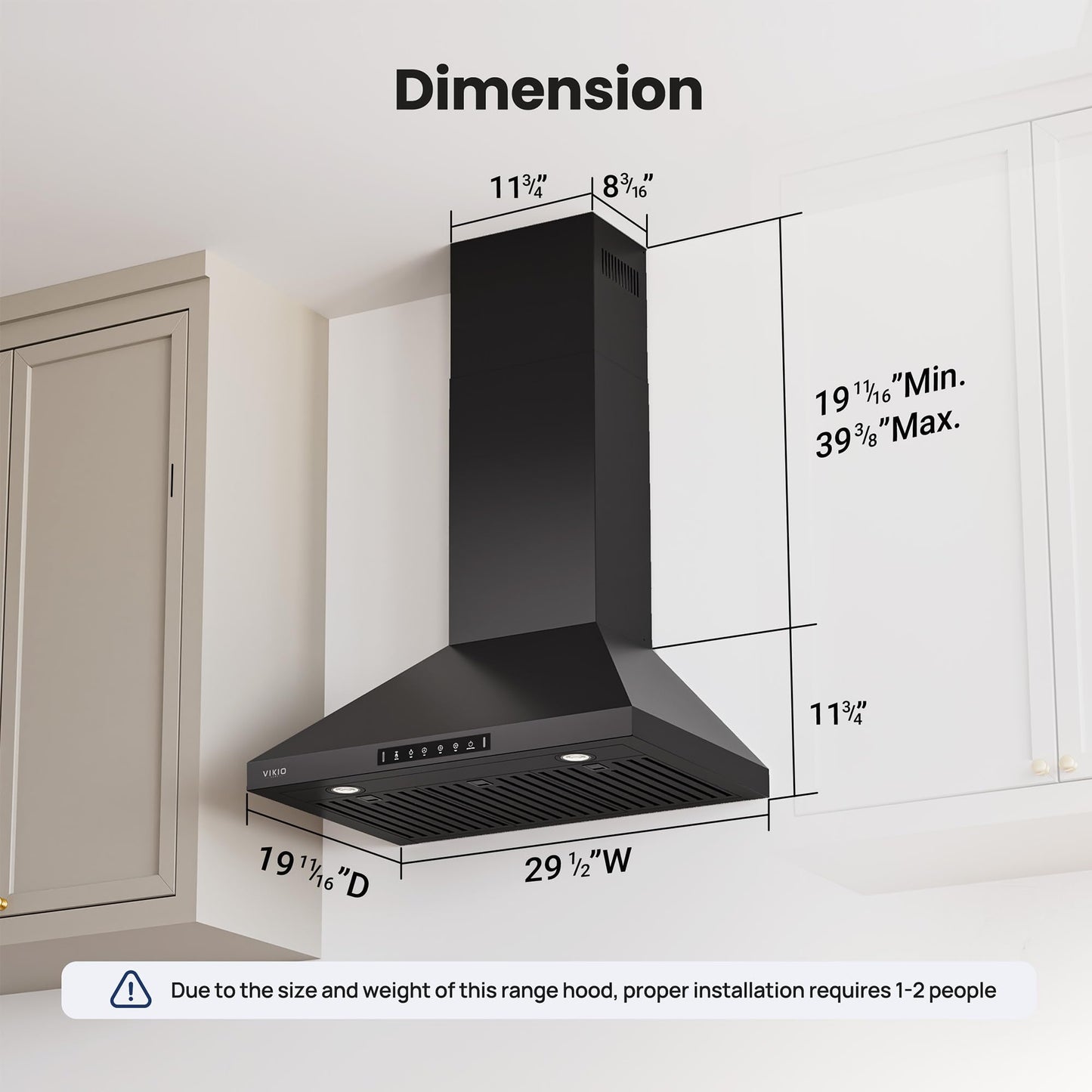 VIKIO HOME Wall Mount 30 Inch Range Hood 900 CFM, Ductless/Ducted Convertible, 3-speed Gesture Sensing & Touch Control, Black Painted Stainless Steel Kitchen Vent Hood with Permanent Baffle Filters