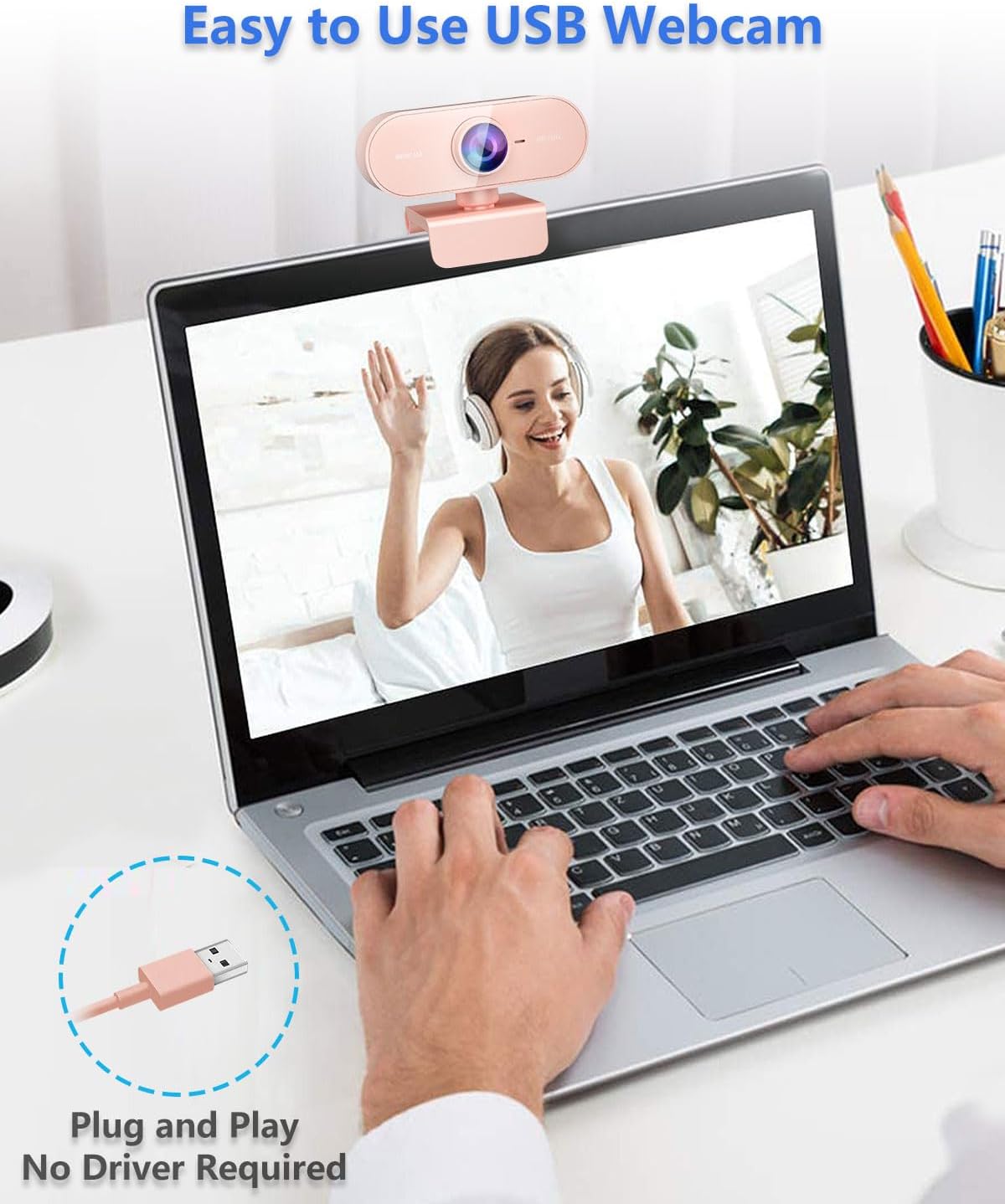QMKKX 1080P Webcam for pc with Microphone,Full Hd Pink Streaming Web Cam with Mic for Mac Laptop, Small Computer Camera